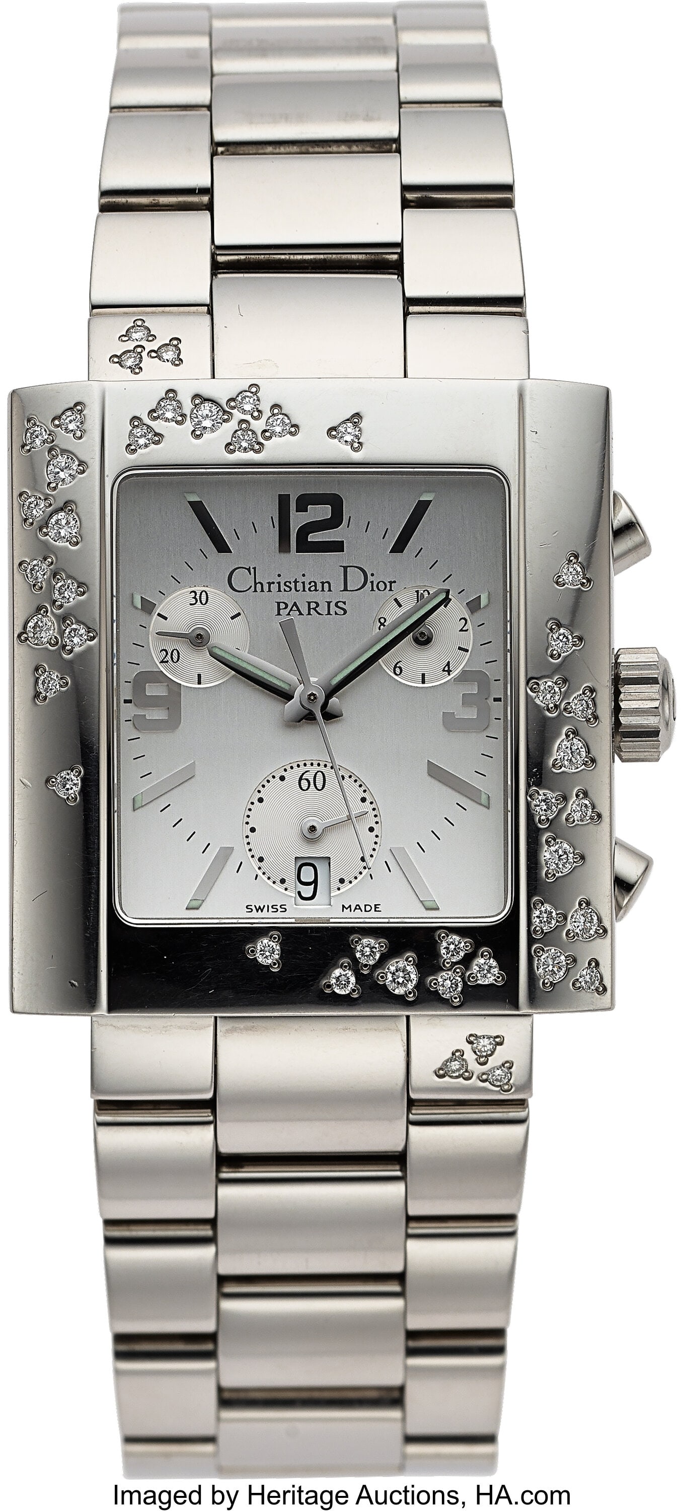 Christian Dior Riva, Stainless Steel and Diamon: Christian Dior Riva, Stainless Steel and Diamon Quartz Wristwatch, Ref. D81-101 Case: 31 mm x 33 mm, stainless steel, three body, four screw case
