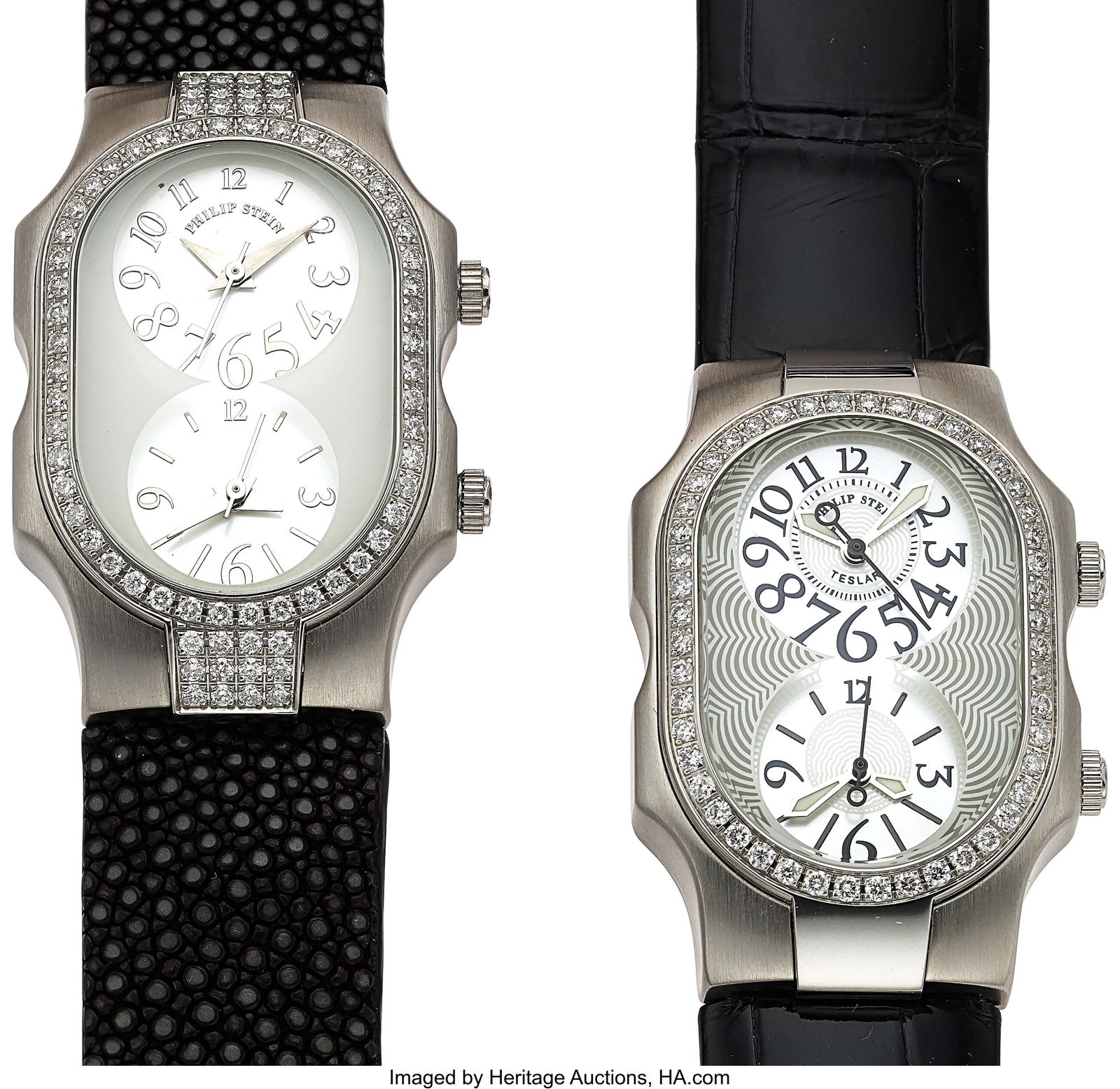 Lot of Two Philip Stein Dual Time Zone, Mother o: Lot of Two Philip Stein Dual Time Zone, Mother of Pearl Dial, Diamond Bezel Wristwatches Case: 27 mm x 41 mm, stainless steel, two body, four screw case