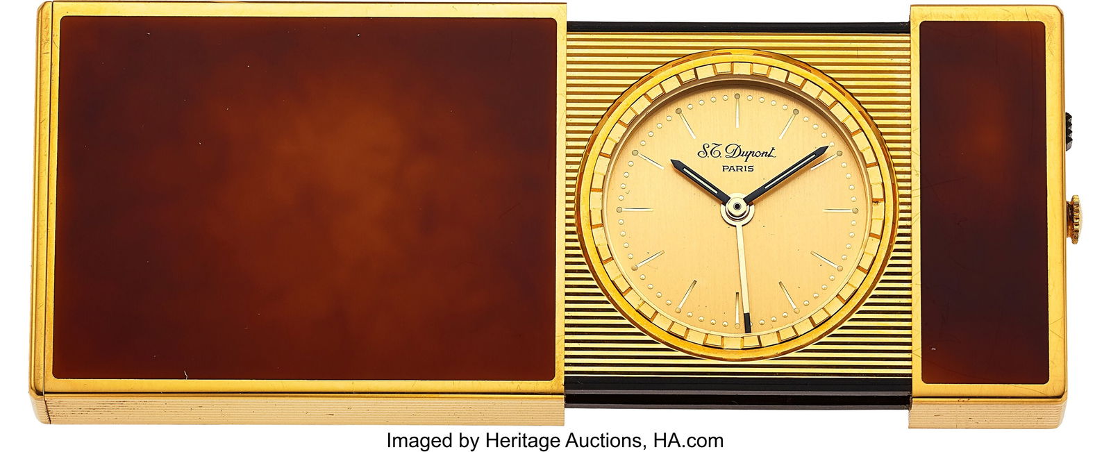 S.T. Dupont Paris Travel Alarm Clock, Ref. 62JAF: S.T. Dupont Paris Travel Alarm Clock, Ref. 62JAF15 Case: 37 mm x 62 mm, brown Chinese lacquer and gold plated, rectangular case, sliding clock