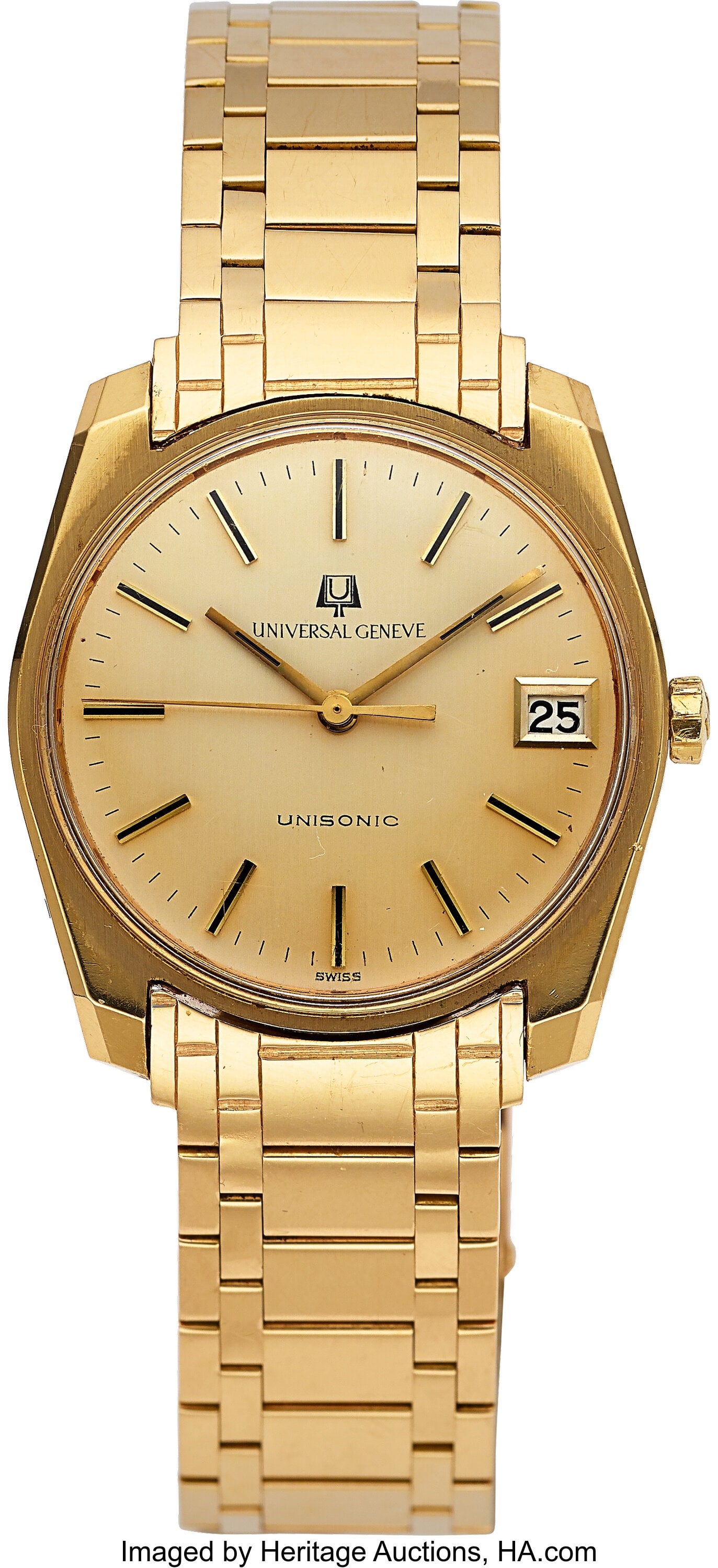 Universal Genève Unisonic, 18k Yellow Gold Case: Universal Genève Unisonic, 18k Yellow Gold Case, 14k Yellow Gold Bracelet Case: 33 mm, 18k and 14k yellow gold, three body, screw-down case back,