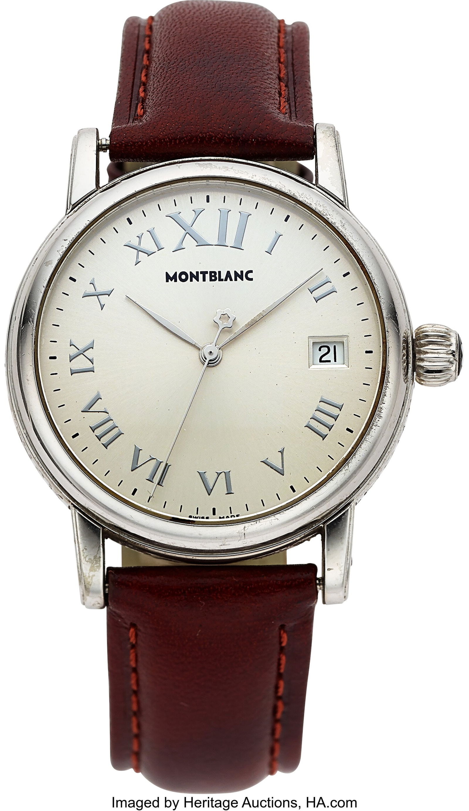 Montblanc Star Meisterstuck, Ref. 7042 Case: 36: Montblanc Star Meisterstuck, Ref. 7042 Case: 36 mm, stainless steel, three body, snap-on case back, star design on crown, No. PL338941