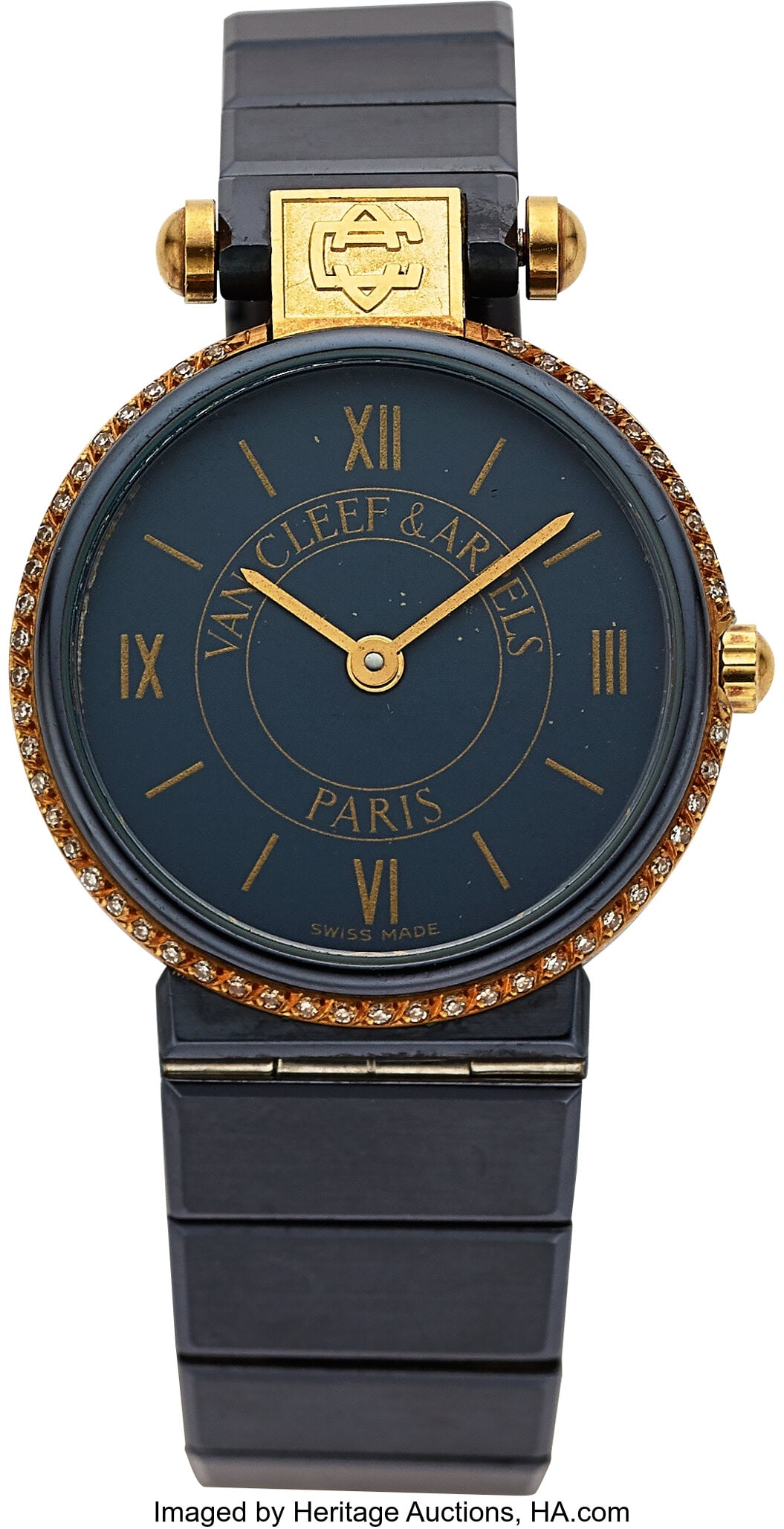 Van Cleef & Arpels, Quartz, Ref. 43606 Case: 24: Van Cleef & Arpels, Quartz, Ref. 43606 Case: 24 mm, blackened steel and gold, two body, snap-on case back, gold bezel set with diamonds, No&p