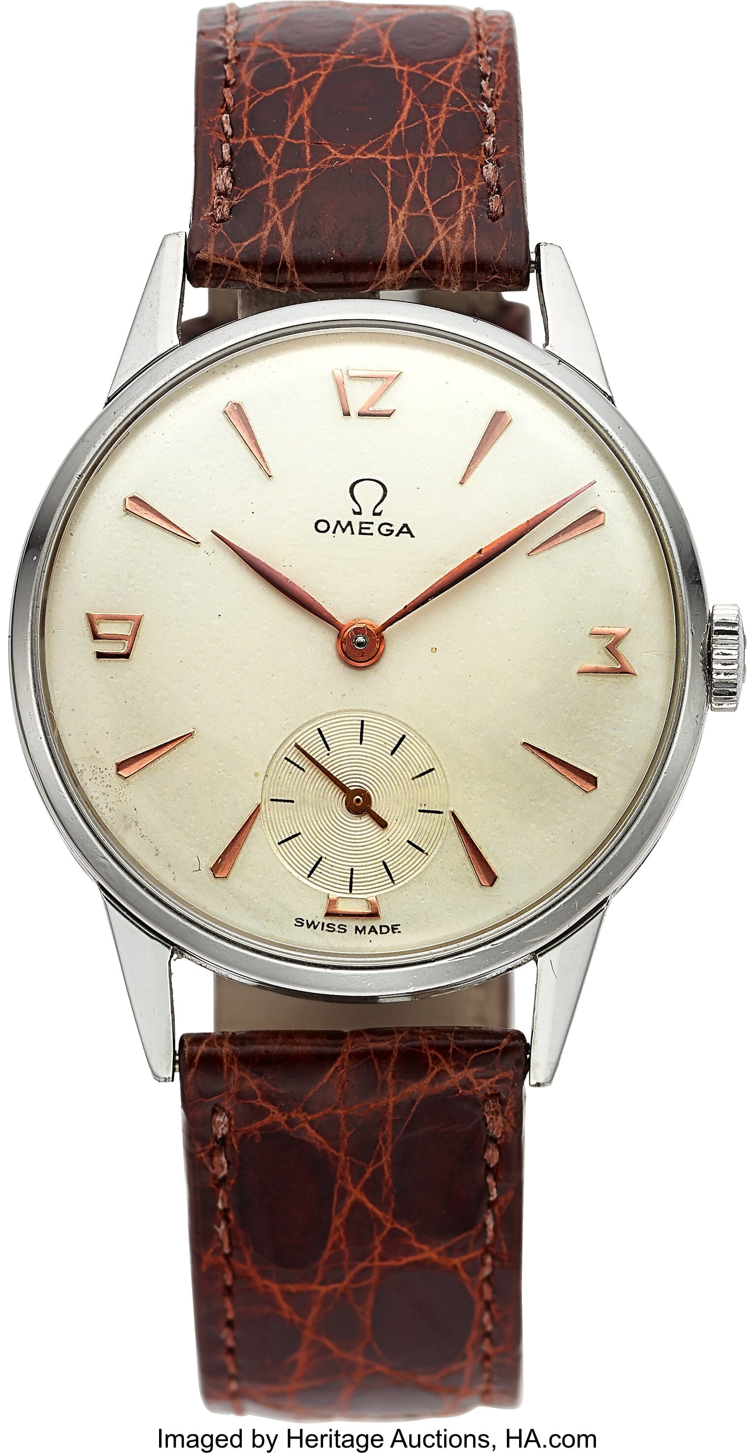Omega Vintage Stainless Steel Circular Wristwatc: Omega Vintage Stainless Steel Circular Wristwatch Case: 34.5 mm, stainless steel, three body, snap-on case back Dial: eggshell white dial, copper art deco