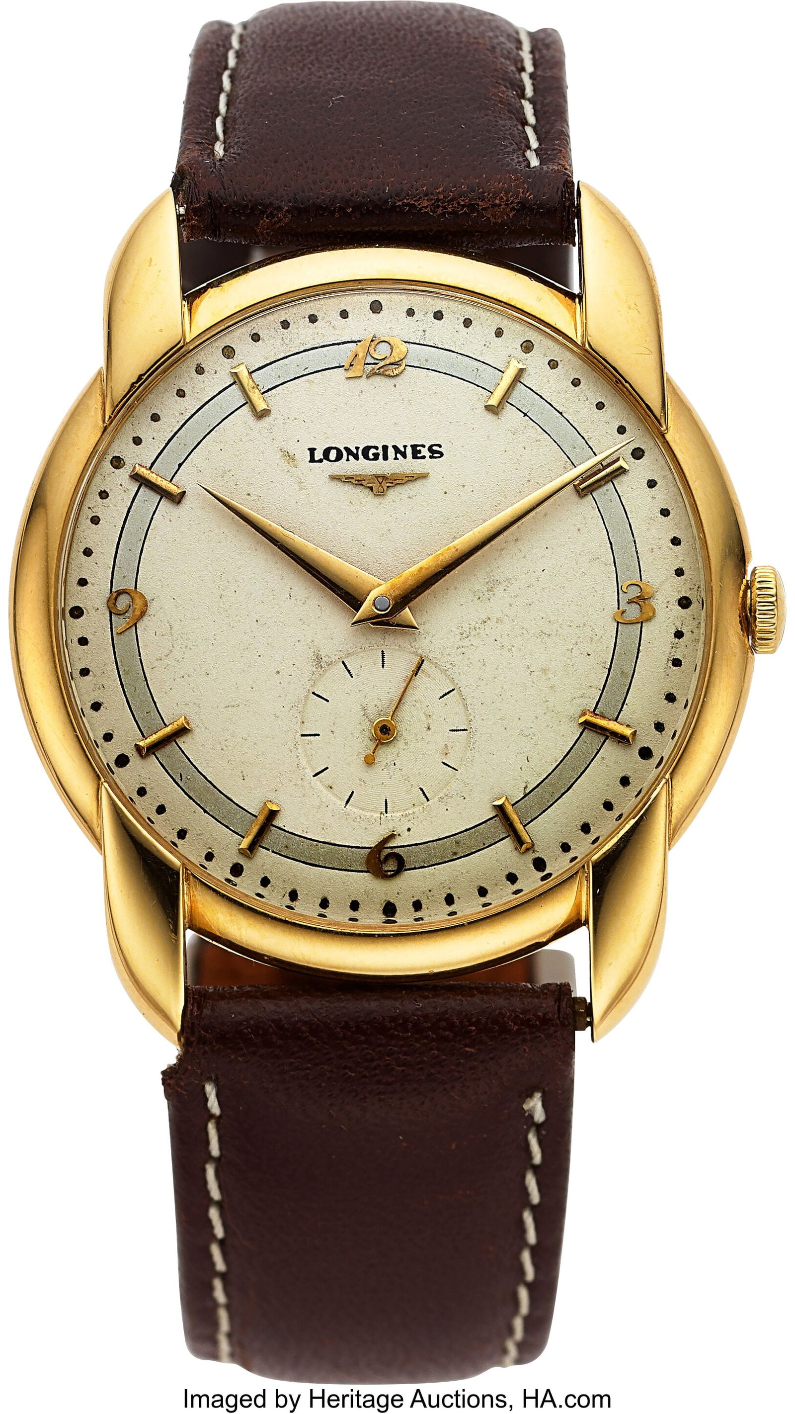 Longines Vintage 18k Yellow Gold Manual Wristwat: Longines Vintage 18k Yellow Gold Manual Wristwatch, Ref. 6353/1 Case: 37 mm, 18k yellow gold, two body, snap-on case back, No. 87 Dial: eggs