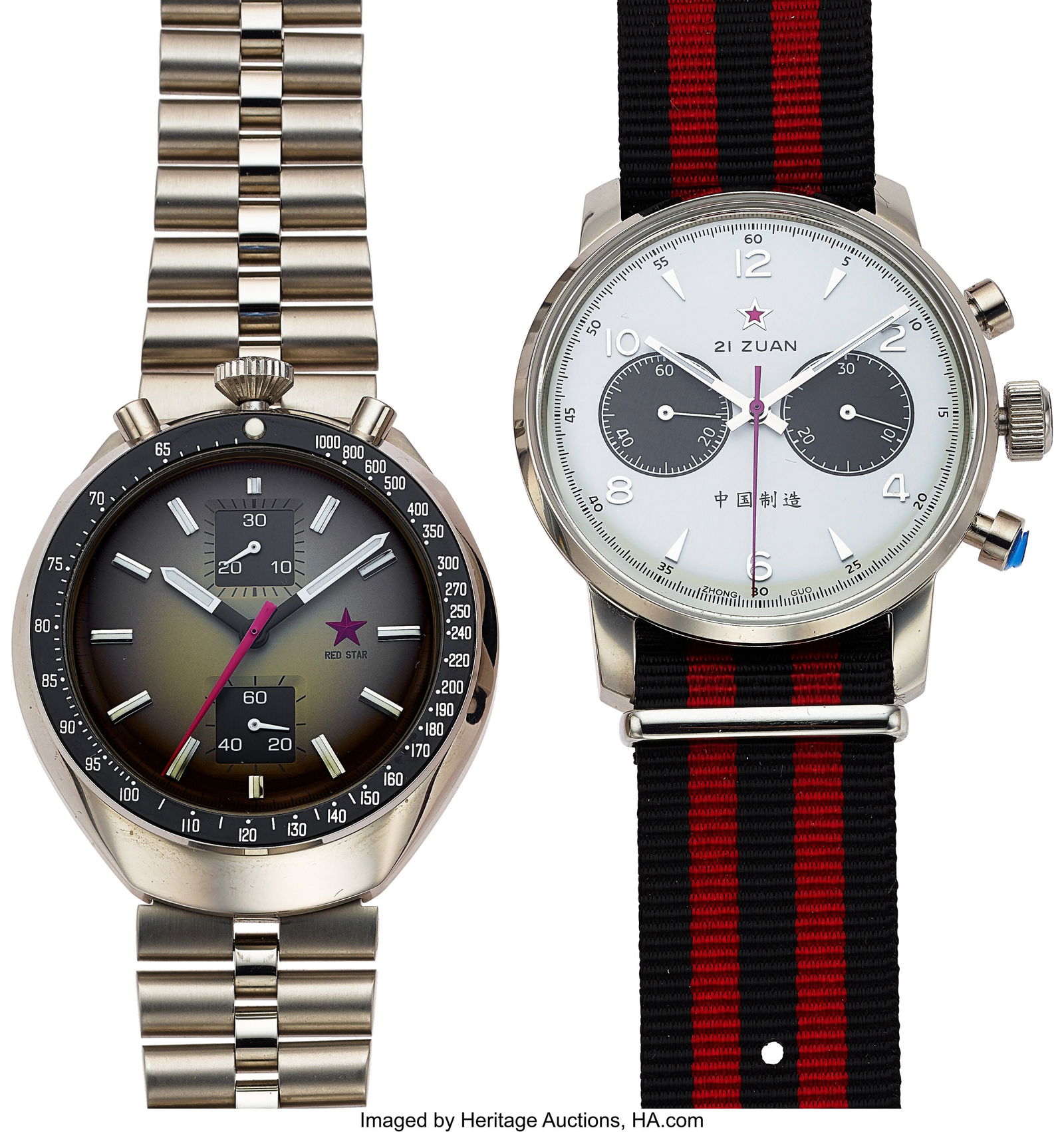 Lot of Two Red Star Chronographs, Panda and Bull: Lot of Two Red Star Chronographs, Panda and Bullhead Case: 42 mm, stainless steel, three body, screw-down exhibition case back (Bullhead has crown and timer buttons