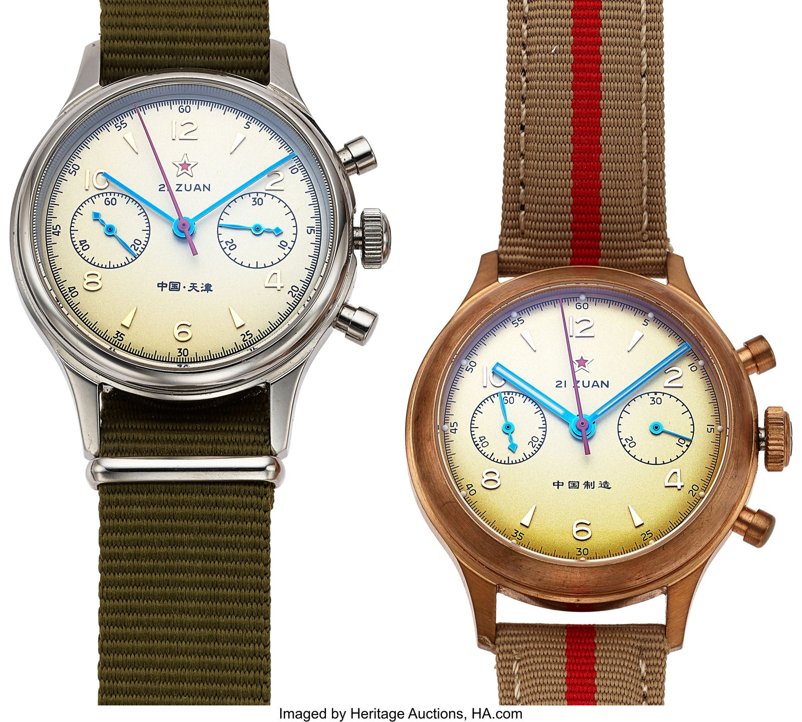 Lot of Two Seagull 1963 Red Star Chronographs C: Lot of Two Seagull 1963 Red Star Chronographs Case: 38 mm, bronze and stainless steel respectively, three body, screw-down exhibition (steel on both) case back Dial&c