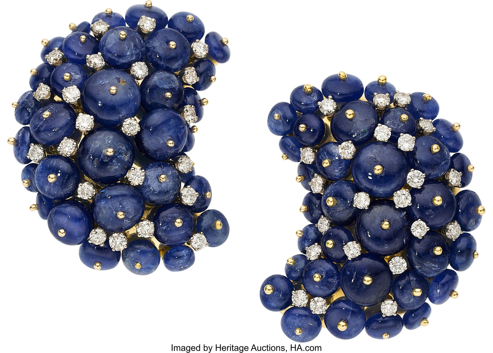 Tony Duquette Sapphire, Diamond, Gold Earrings: Tony Duquette Sapphire, Diamond, Gold Earrings Stones: Peg-set sapphire beads; full-cut diamonds weighing a total of approximately 1.50 carats Metal: 18k gold Marke