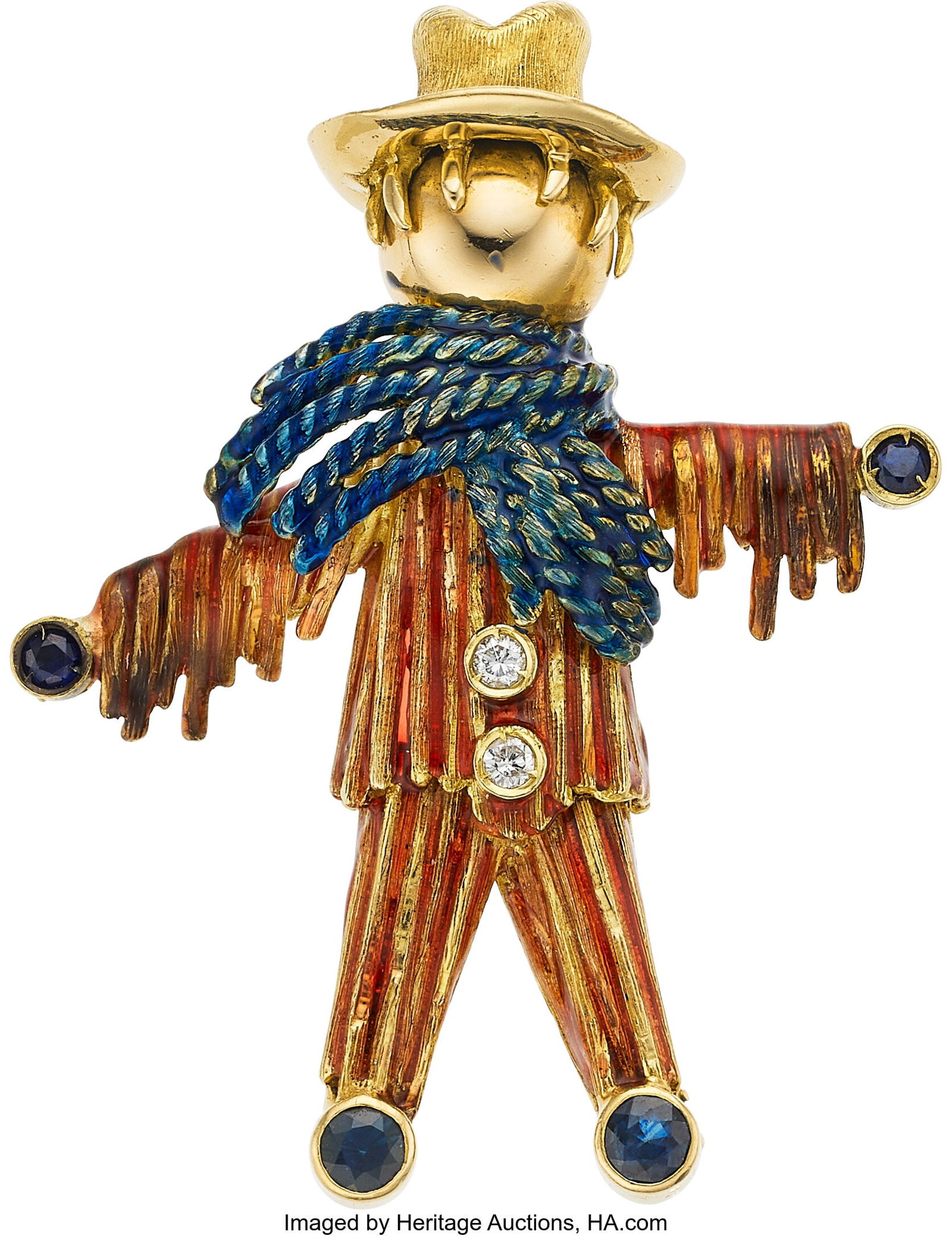 Van Cleef & Arpels Sapphire, Diamond, Enamel, G: Van Cleef & Arpels Sapphire, Diamond, Enamel, Gold Brooch, French Stones: Round-shaped sapphires weighing a total of approximately 0.65 carat; full-cut di