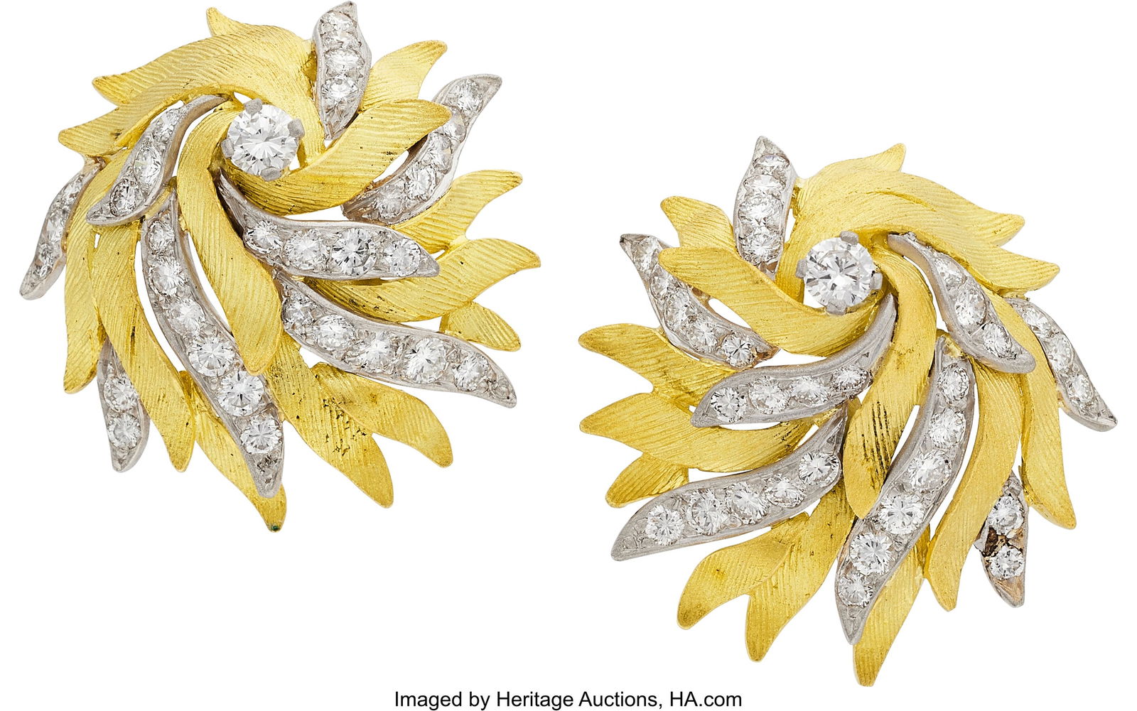 Tiffany & Co. Diamond, Platinum, Gold Earrings: Tiffany & Co. Diamond, Platinum, Gold Earrings Stones: Full-cut diamonds weighing a total of approximately 2.00 carats Metal: Platinum and 18k yellow gold Mar