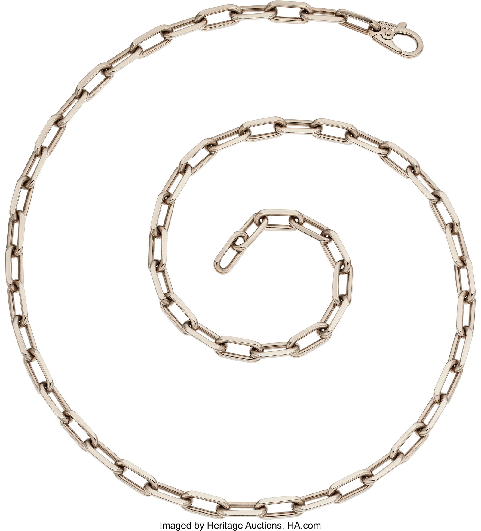 Cartier White Gold Necklace Metal: 18k white go: Cartier White Gold Necklace Metal: 18k white gold Marked: Cartier and for Unoaerre Collection: Santos de Cartier Weight: 63.90 grams Dimensions: 22 inches x 1/