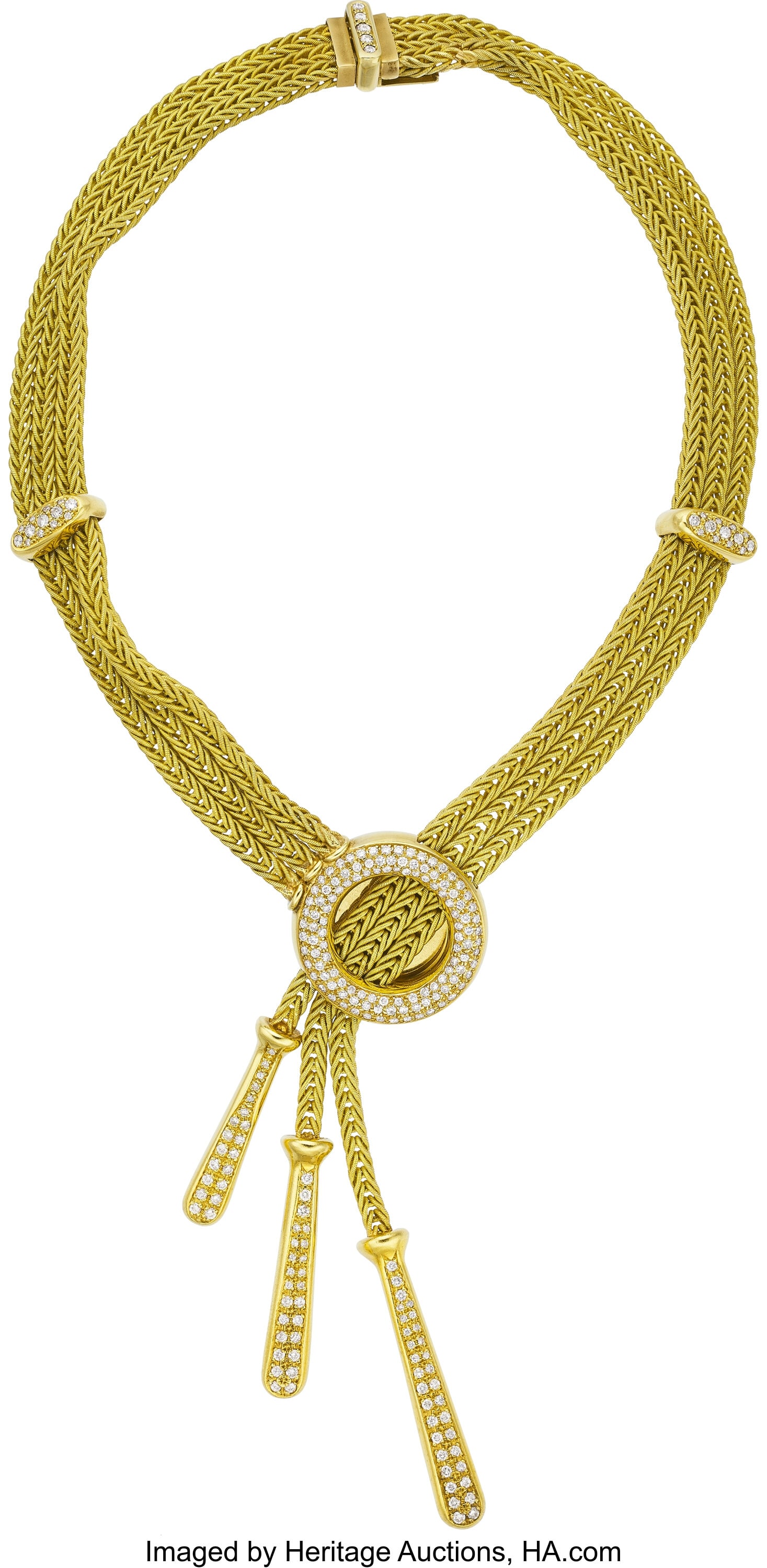 Lopez Diamond, Gold Necklace Stones: Full-cut d: Lopez Diamond, Gold Necklace Stones: Full-cut diamonds weighing a total of approximately 3.50 carats Metal: 18k gold Marked: Lopez Gross Weight: 164.50 gram