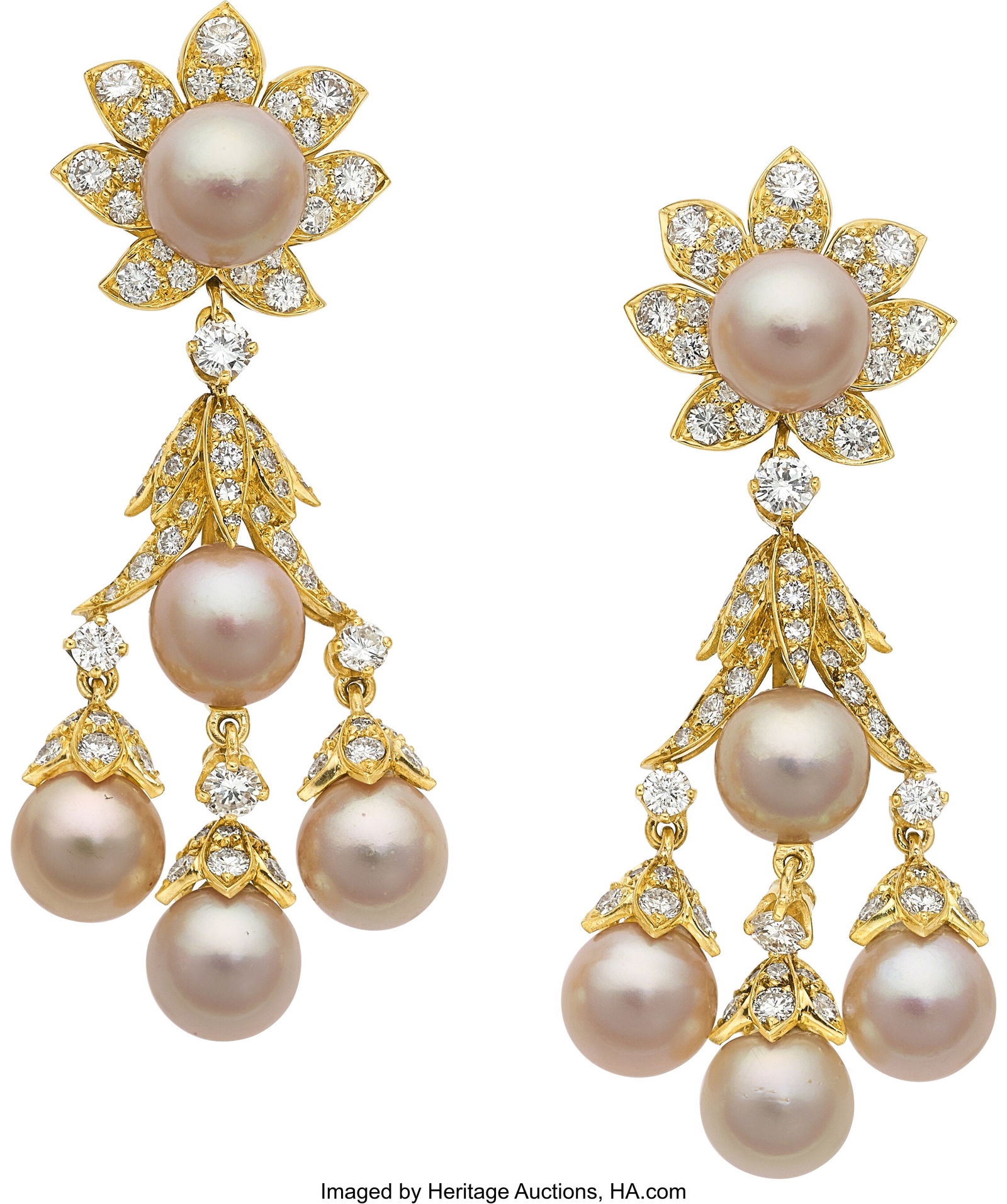 Van Cleef & Arpels Cultured Pearl, Diamond, Gol: Van Cleef & Arpels Cultured Pearl, Diamond, Gold Convertible Earrings, circa 1971 Stones: Full and single-cut diamonds weighing a total of approximately 4.50 carats
