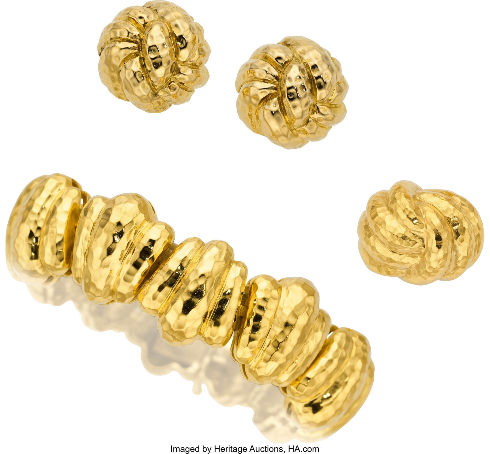 Gold Jewelry Metal: 18k and 14k gold Marked: f: Gold Jewelry Metal: 18k and 14k gold Marked: for Robert Wander (earrings) Weight: 147.90 grams Bracelet Dimensions: 7 inches x 3/4 inch Earring Dimensions&