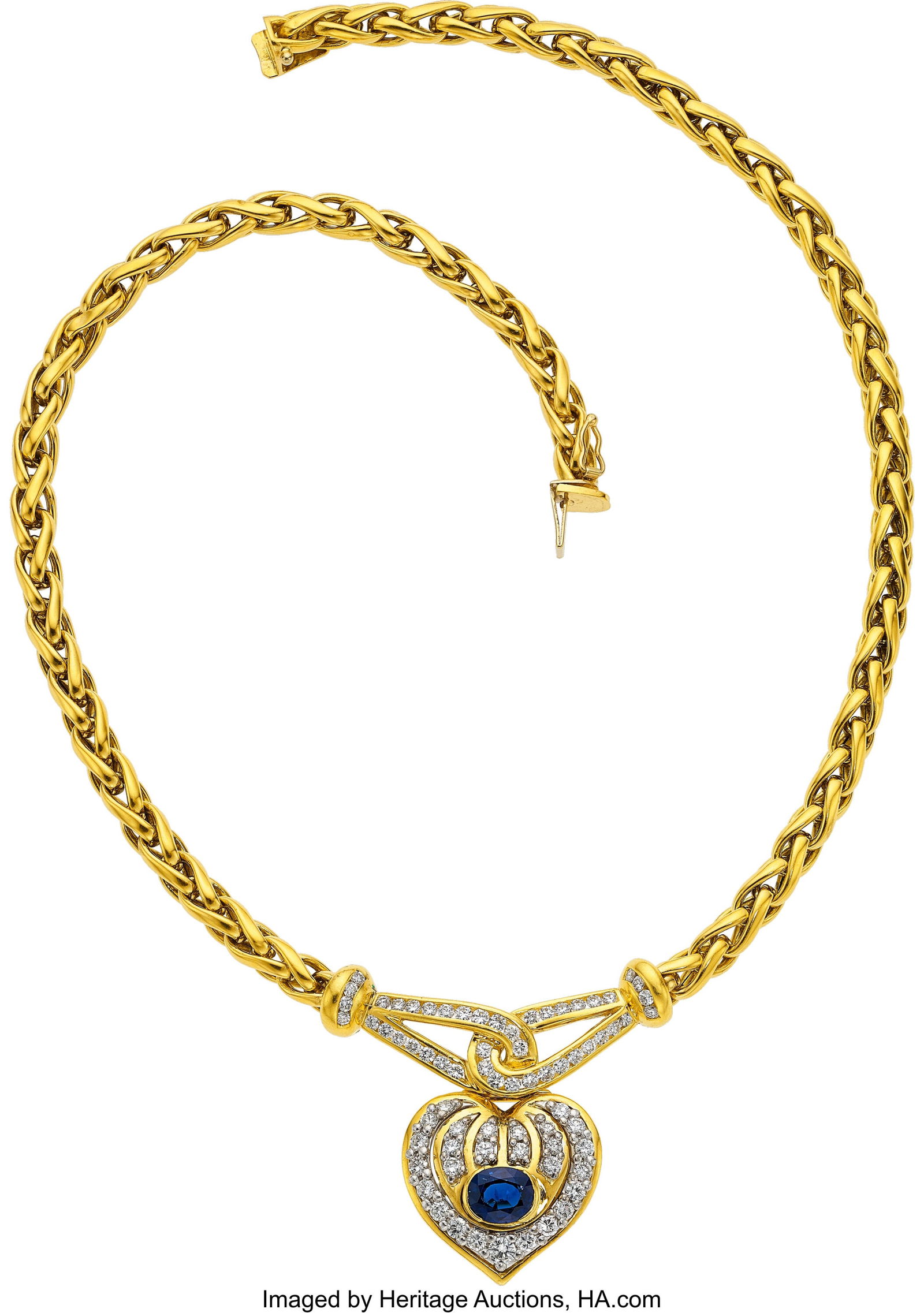 Sapphire, Diamond, Gold Necklace Stones: Oval-s: Sapphire, Diamond, Gold Necklace Stones: Oval-shaped sapphire weighing approximately 1.75 carats; full-cut diamonds weighing a total of approximately 2.35 carats M