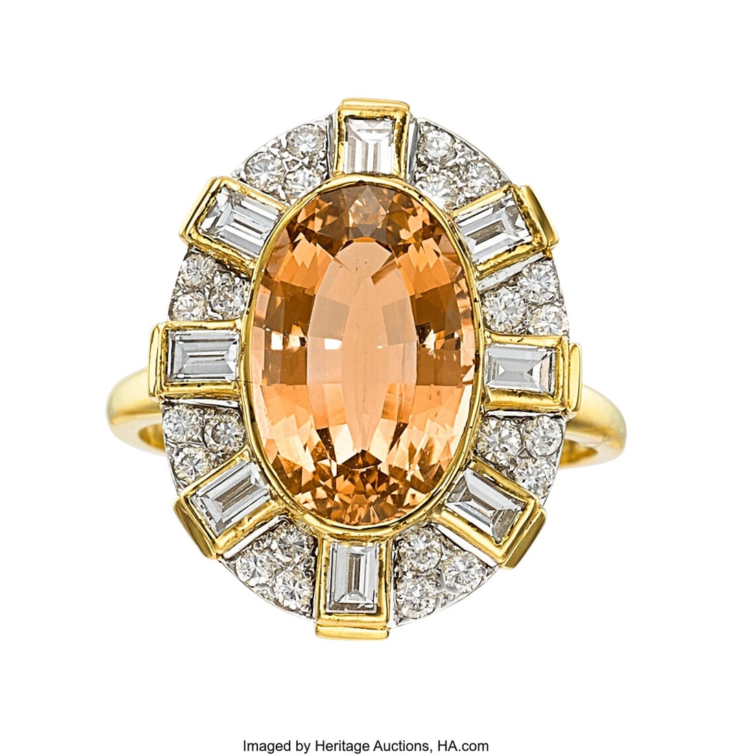 Precious Topaz, Diamond, Gold Ring Stones: Oval: Precious Topaz, Diamond, Gold Ring Stones: Oval-shaped topaz weighing approximately 4.00 carats; full-cut diamonds weighing a total of approximately 0.40 carat&sem