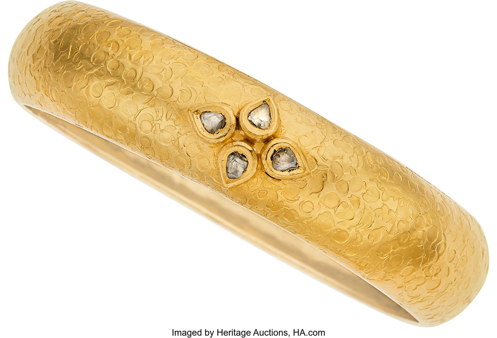 Diamond, Gold Bracelet Stones: Foil backed polk: Diamond, Gold Bracelet Stones: Foil backed polki-cut diamonds Metal: 18k gold Gross Weight: 33.40 grams Dimensions: 7-3/4 inches x 9/16 inch HID03101062020