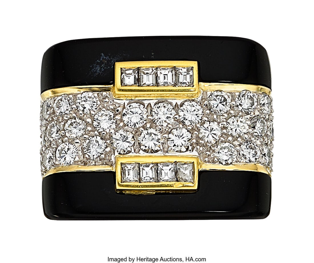 Diamond, Black Onyx, Gold Ring Stones: Full-cut: Diamond, Black Onyx, Gold Ring Stones: Full-cut diamonds weighing a total of approximately 2.00 carats; baguette-cut diamonds weighing a total of approximately 0.5