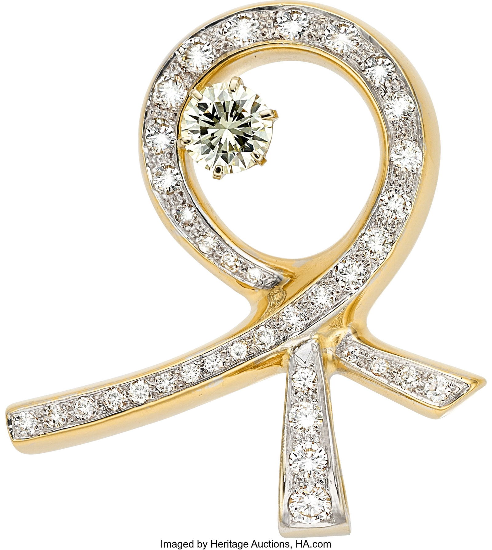 Diamond, Gold Pendant-Brooch Stones: Round bril: Diamond, Gold Pendant-Brooch Stones: Round brilliant-cut diamond weighing 1.95 carats; full-cut diamonds weighing a total of approximately 2.15 carats Metal: 14k g
