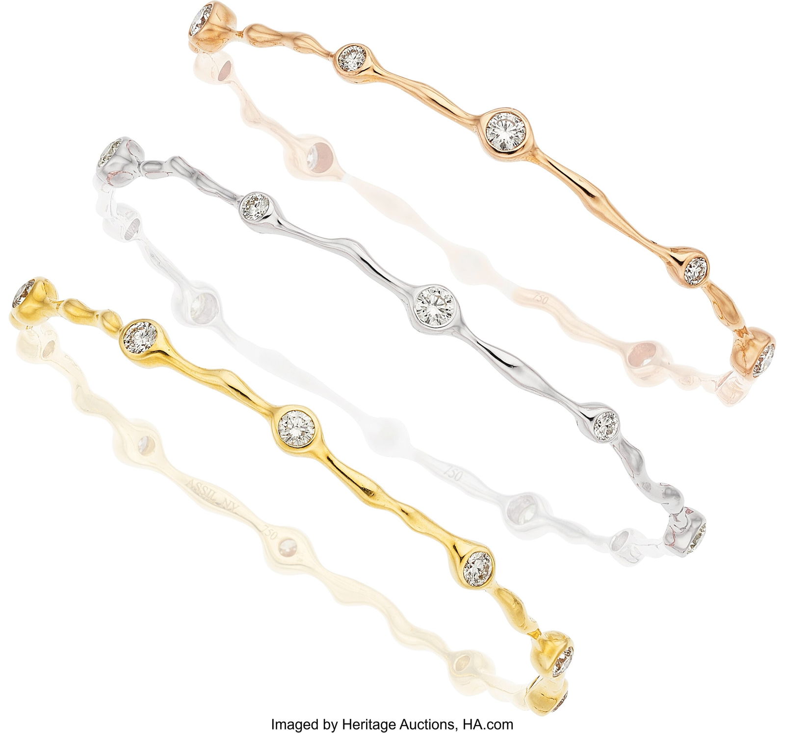 Assil Diamond, Gold Bracelets Stones: Full-cut: Assil Diamond, Gold Bracelets Stones: Full-cut diamonds weighing a total of approximately 4.25 carats Metal: 18k white, yellow, and rose gold Marked: Assil N