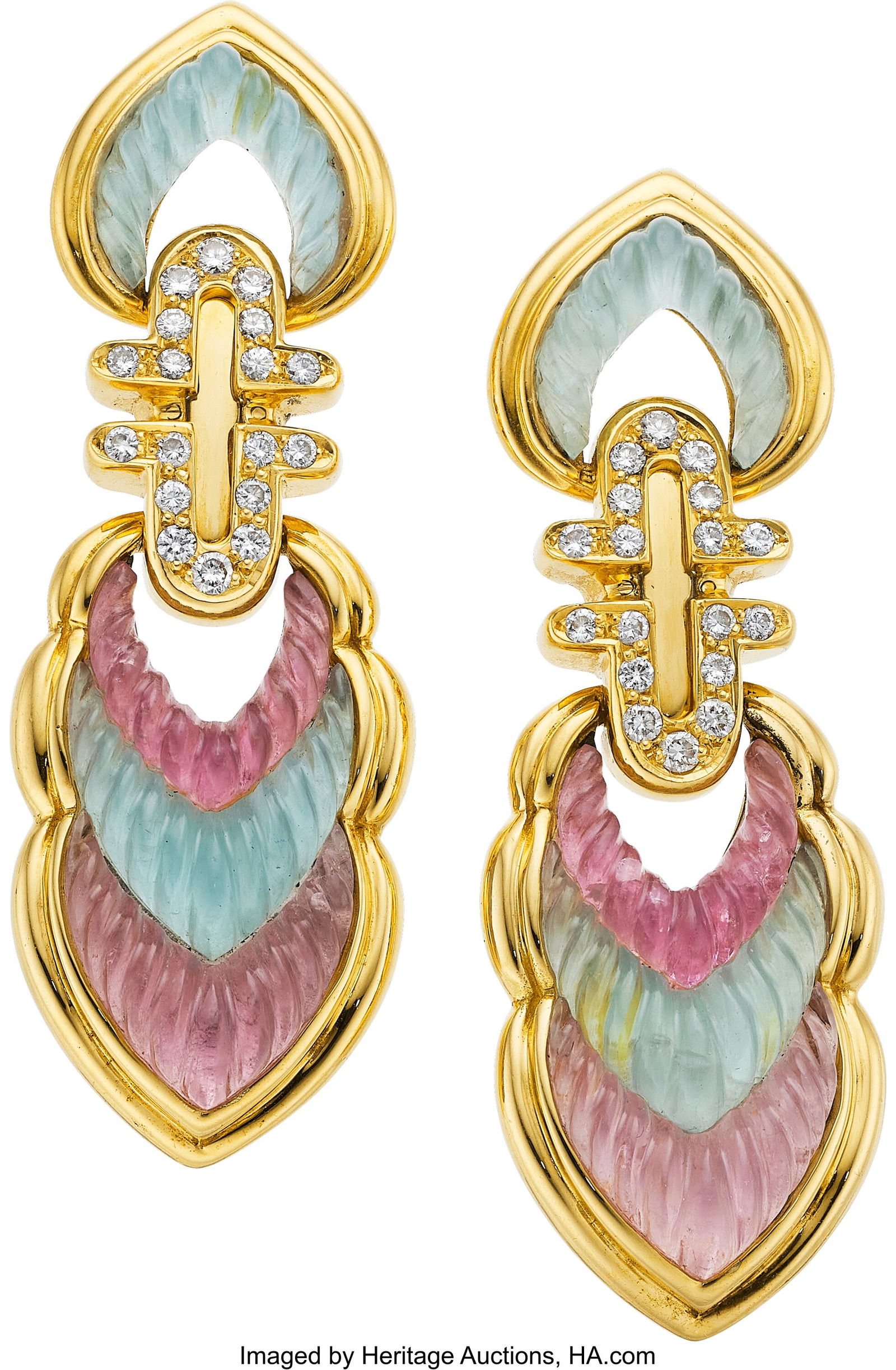 Tourmaline, Aquamarine, Diamond, Gold Earrings: Tourmaline, Aquamarine, Diamond, Gold Earrings Stones: Carved tourmalines and aquamarines; full-cut diamonds weighing a total of approximately 0.75 carat Metal&colo