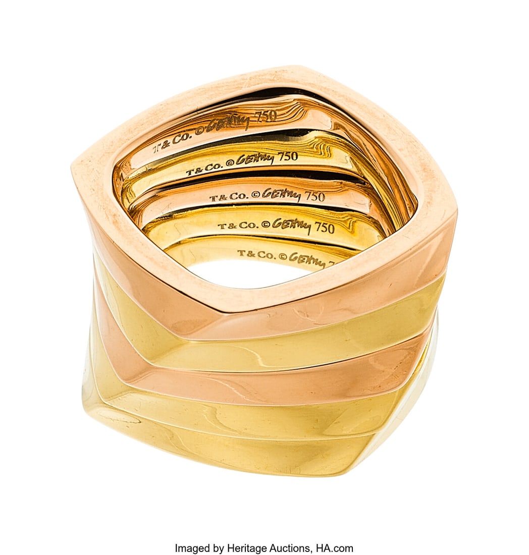 Frank Ghery for Tiffany & Co. Gold Rings Metal: Frank Ghery for Tiffany & Co. Gold Rings Metal: 18k rose and yellow gold Marked: Ghery for Tiffany & Co. Gross Weight: 26.50 grams Size: 4-1/4