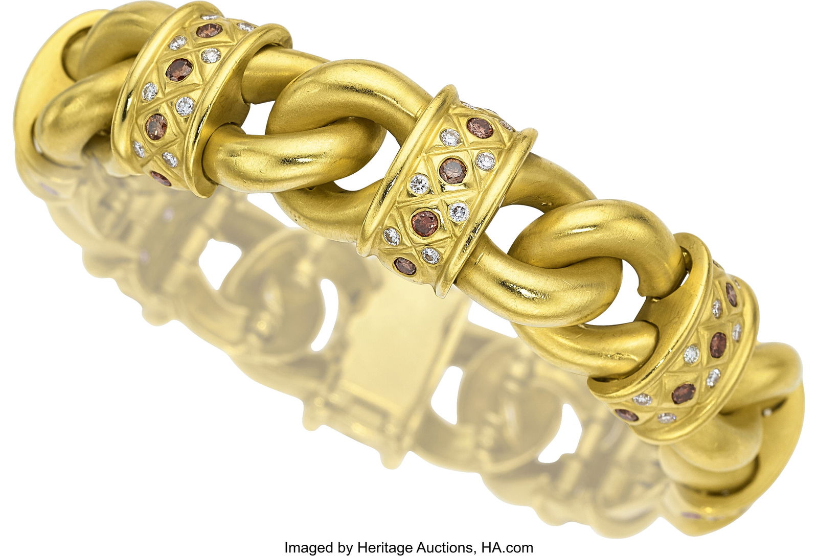 Nancy & David Colored Diamond, Diamond, Gold Br: Nancy & David Colored Diamond, Diamond, Gold Bracelet Stones: Full-cut colored diamonds weighing a total of approximately 1.40 carats; full-cut near-colorless diamond