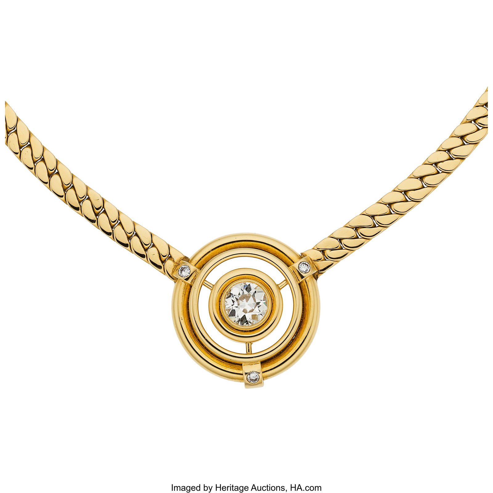 Diamond, Gold Necklace Stones: European-cut dia: Diamond, Gold Necklace Stones: European-cut diamond weighing approximately 1.35 carts; full-cut diamonds weighing a total of approximately 0.20 carat Metal: 18k go