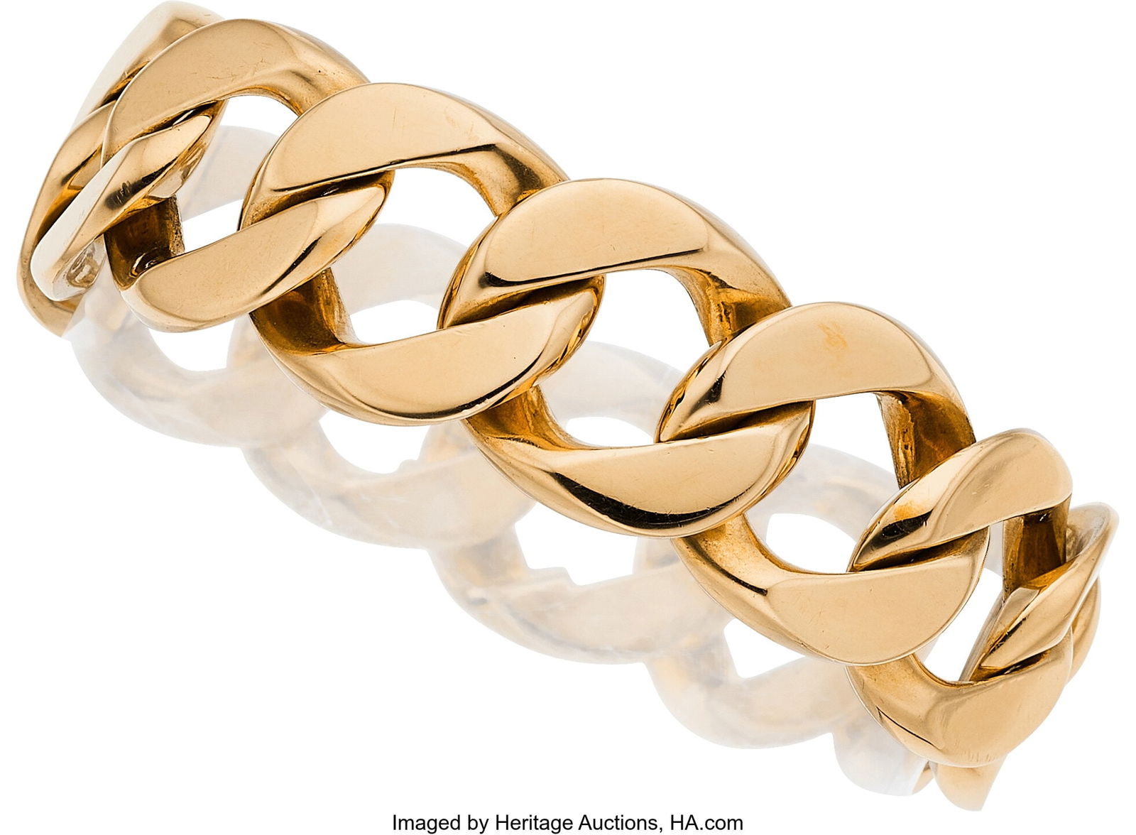 Cartier Gold Bracelet Metal: 14k gold Marked: Cartier Gold Bracelet Metal: 14k gold Marked: Cartier Weight: 91.10 grams Dimensions: 6-3/4 inches x 11/16 inch From the Estate of Margaret Grace Carlton HID0310