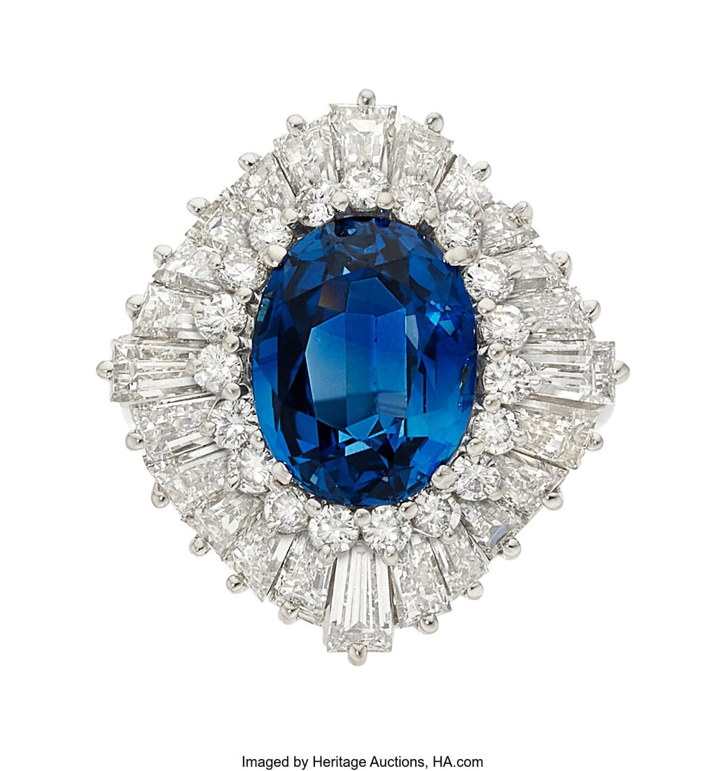 Sapphire, Diamond, Platinum Ring Stones: Oval-s: Sapphire, Diamond, Platinum Ring Stones: Oval-shaped sapphire weighing 5.20 carats; baguette-cut diamonds weighing a total of approximately 3.50 carats; full-