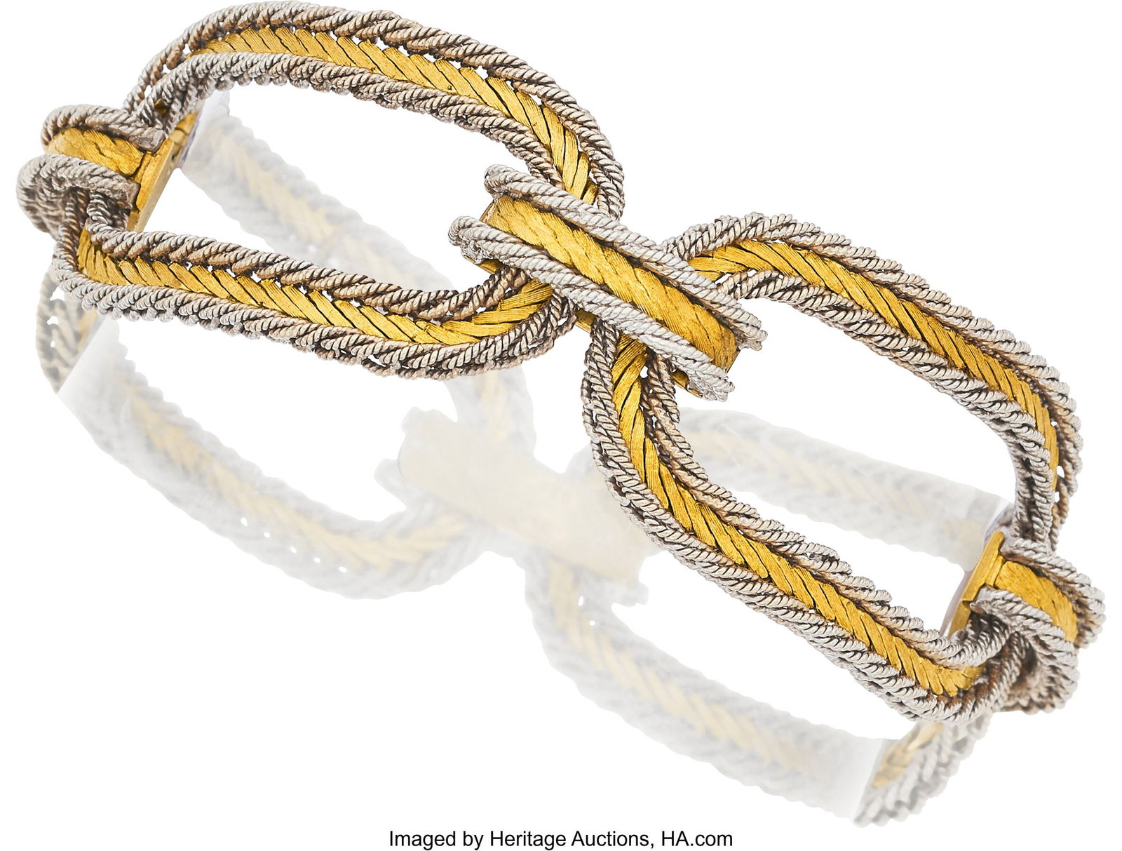 Micheletto Gold Bracelet Metal: 18k white and y: Micheletto Gold Bracelet Metal: 18k white and yellow gold Marked: for Micheletto Gross Weight: 63.80 grams Dimensions: 6-1/2 inches x 7/8 inch From the Estate of