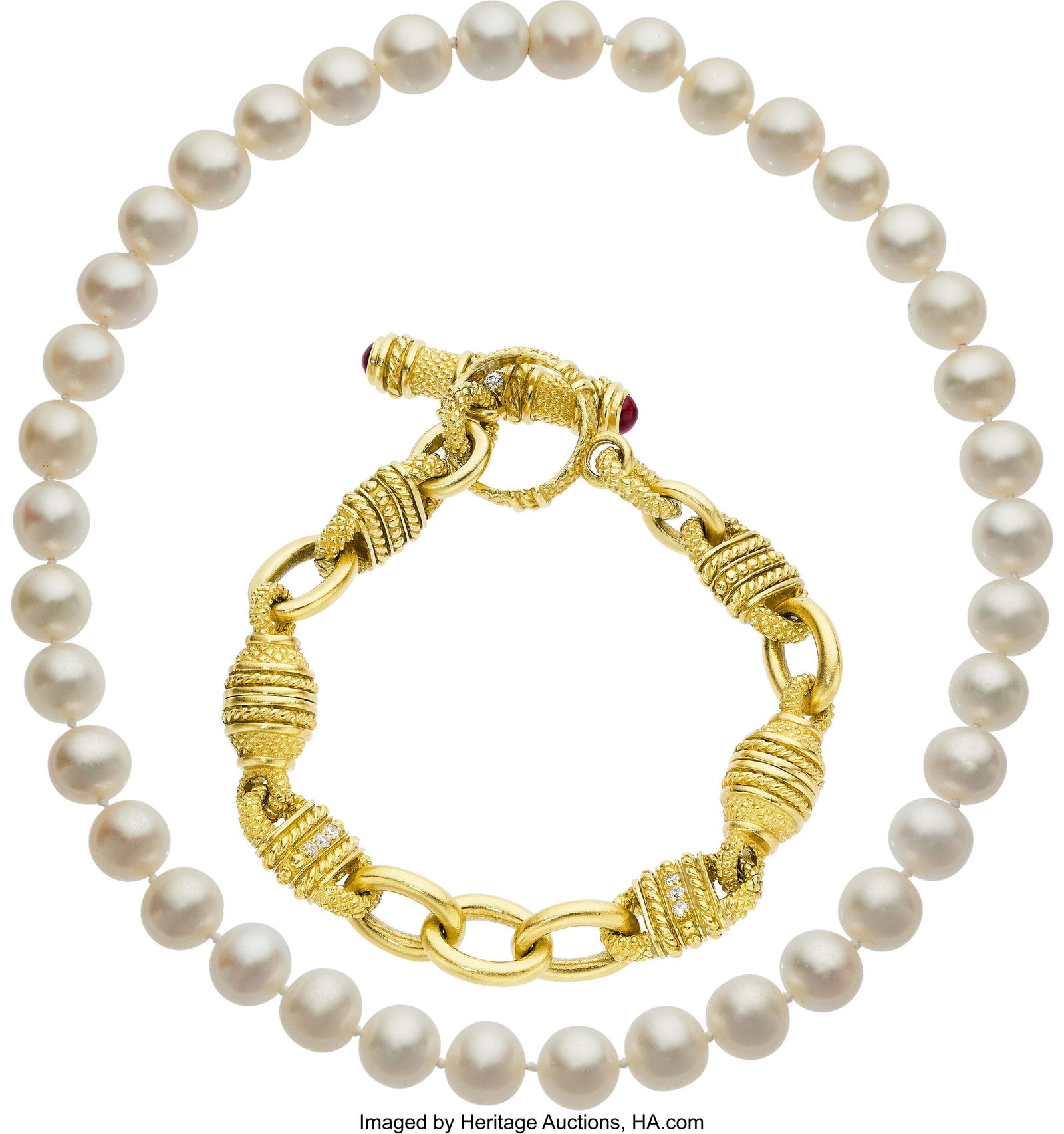 Judith Ripka Cultured Pearl, Diamond, Ruby, Gol: Judith Ripka Cultured Pearl, Diamond, Ruby, Gold Convertible Necklace Stones: Full-cut diamonds weighing a total of approximately 0.75 carat; ruby cabochons Pearls&