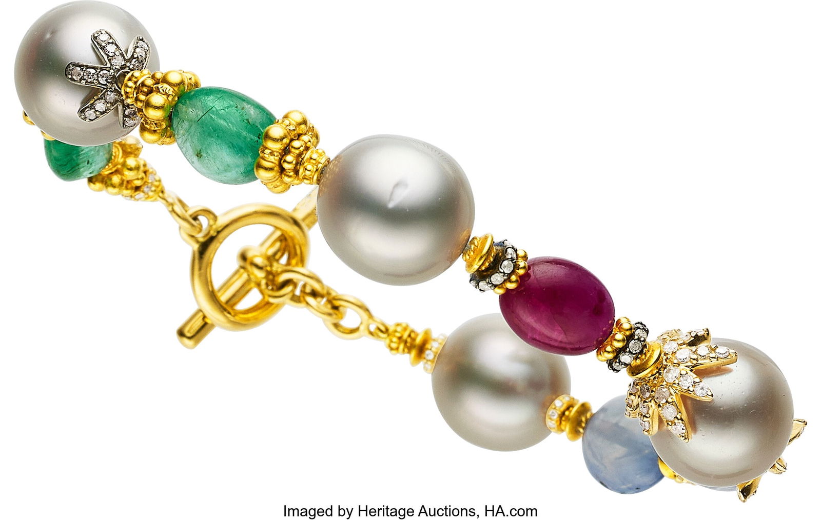 Verdura South Sea Cultured Pearl, Multi-Stone,: Verdura South Sea Cultured Pearl, Multi-Stone, Diamond, Gold, Silver Bracelet Stones: Emerald, ruby, and sapphire beads; single-cut diamonds weighing a t