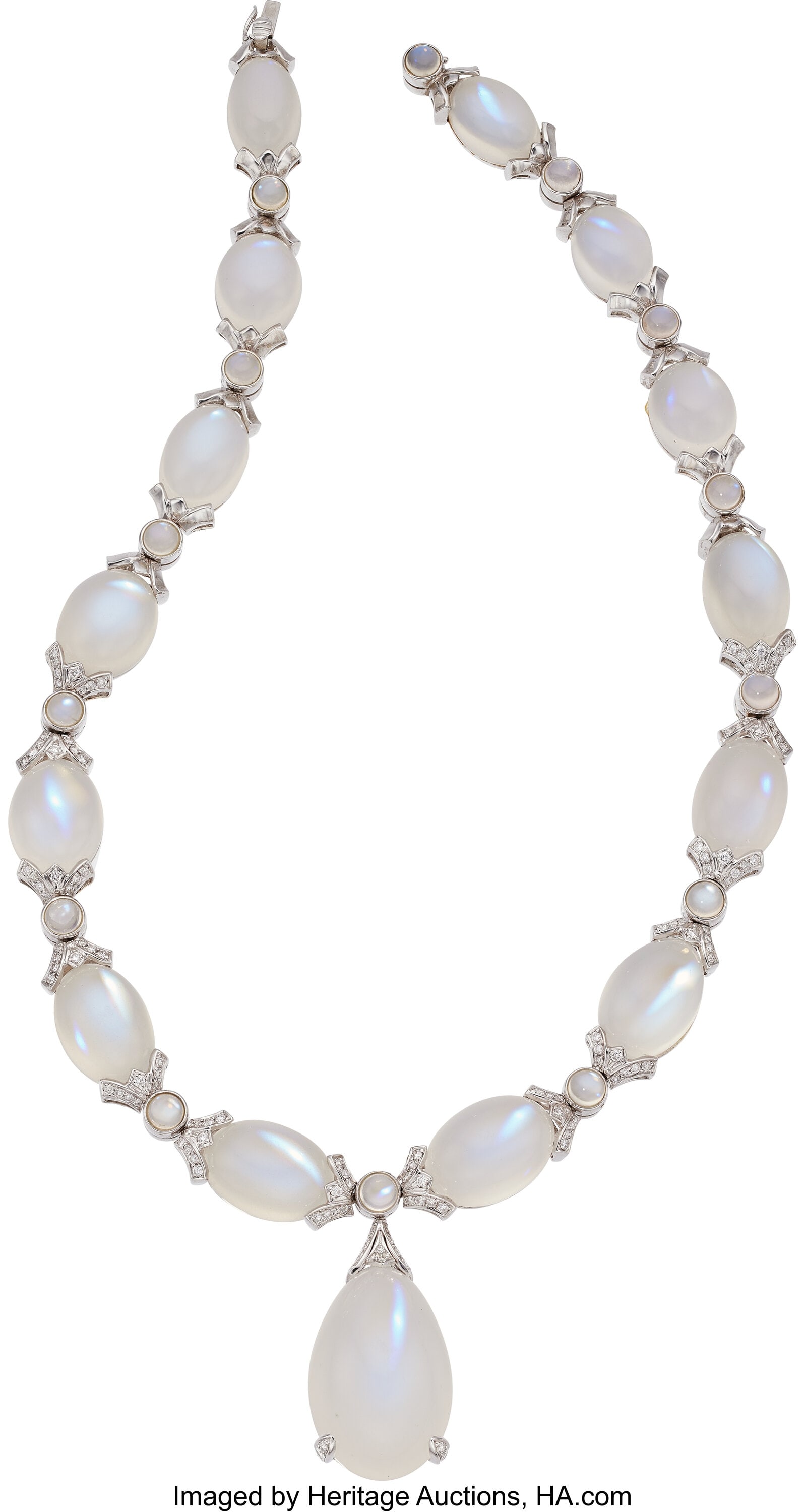 Assil Moonstone, Diamond, White Gold Necklace S: Assil Moonstone, Diamond, White Gold Necklace Stones: Moonstone cabochons; full-cut diamonds weighing a total of approximately 2.00 carats Metal: 18k white gold Mar