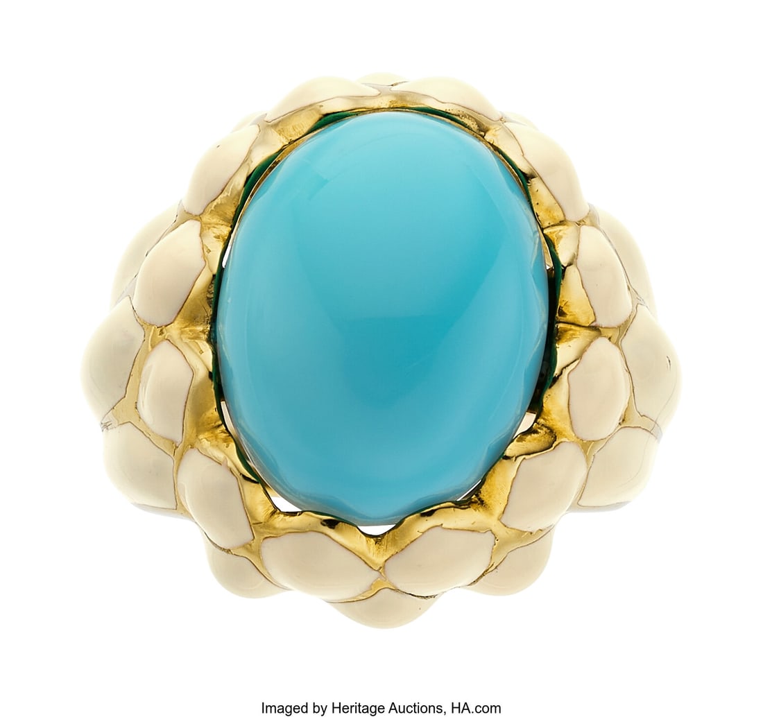 David Webb Turquoise, Enamel, Gold Ring Stones: David Webb Turquoise, Enamel, Gold Ring Stones: Turquoise cabochon Element: Enamel Metal: 18k gold Marked: for David Webb Gross Weight: 20.10 grams Siz