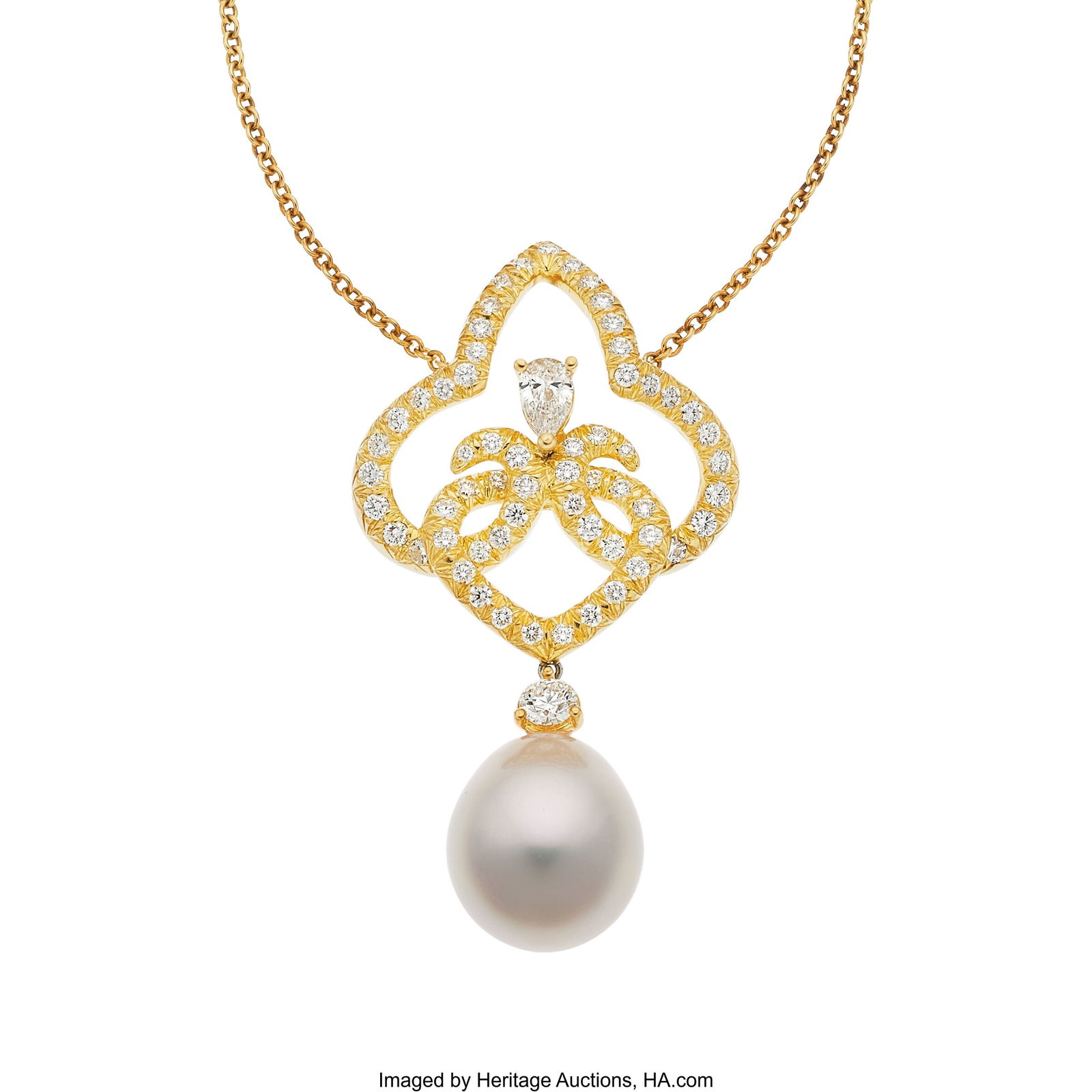 Henry Dunay South Sea Cultured Pearl, Diamond,: Henry Dunay South Sea Cultured Pearl, Diamond, Gold Necklace Stones: Pear-shaped diamond weighing approximately 0.25 carat; full-cut diamonds weighing a total of