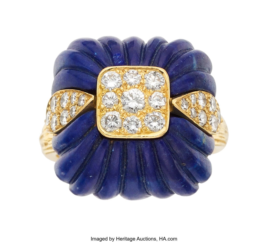 Van Cleef & Arpels Lapis Lazuli, Diamond, Gold R: Van Cleef & Arpels Lapis Lazuli, Diamond, Gold Ring Stones: Carved lapis lazuli; full-cut diamonds weighing a total of approximately 0.75 carat Metal: 18k gold
