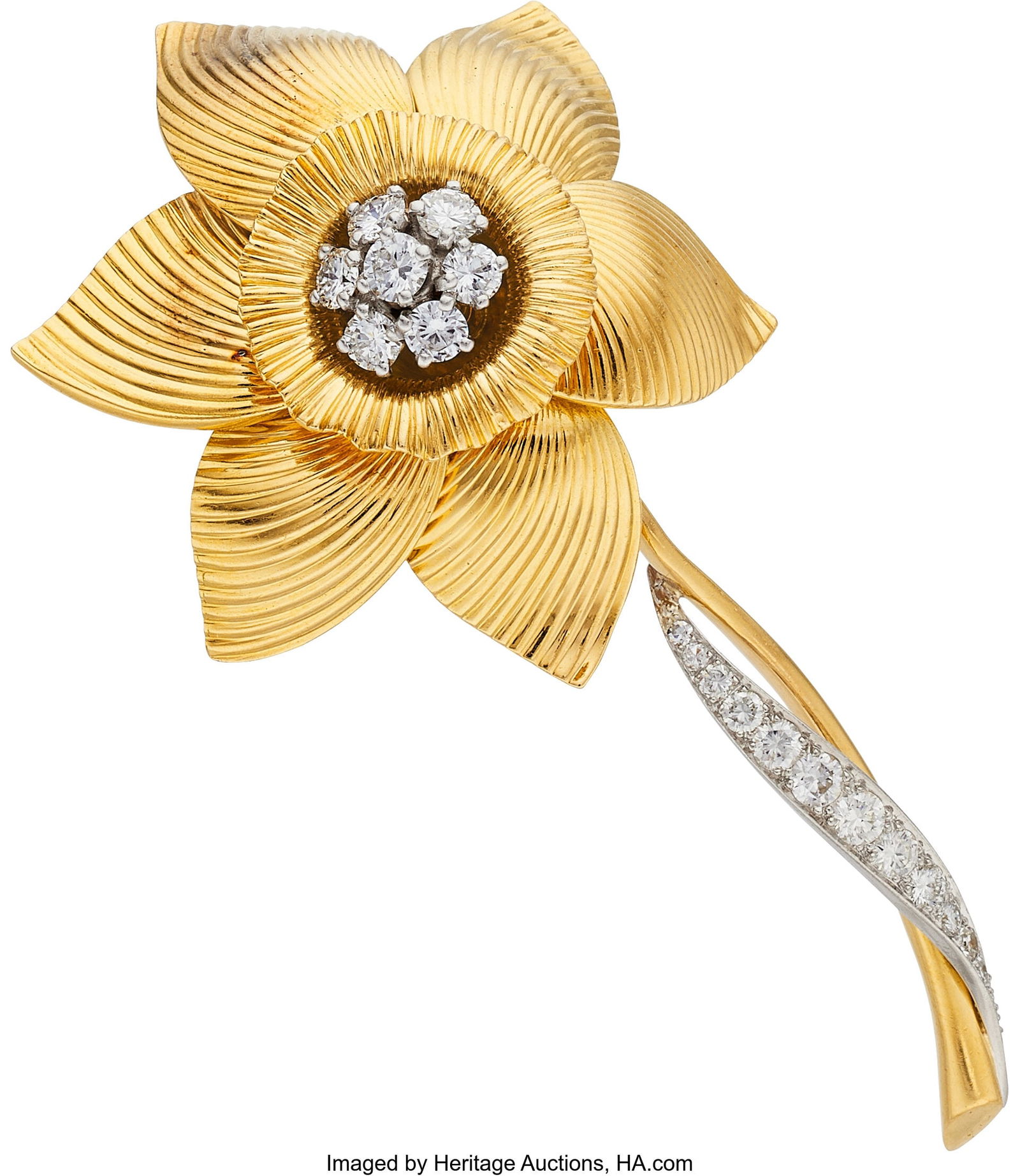 Cartier Diamond, Platinum, Gold Brooch, French: Cartier Diamond, Platinum, Gold Brooch, French Stones: Full and single-cut diamonds weighing a total of approximately 1.50 carats Metal: Platinum and 18k gold Mark