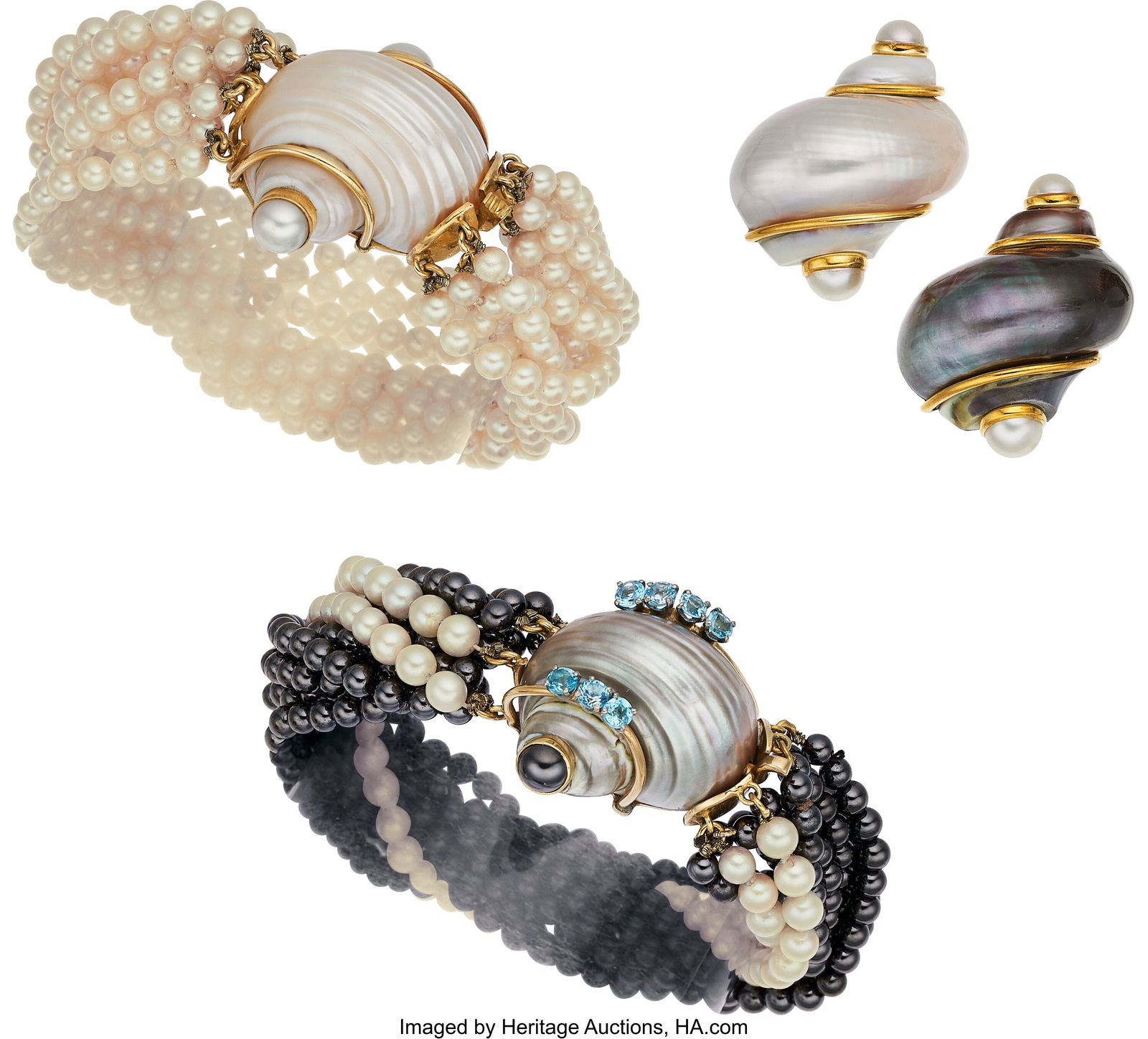 Seaman Schepps Multi-Stone, Turbo Shell, Cultur: Seaman Schepps Multi-Stone, Turbo Shell, Cultured Pearl, Gold Jewelry Suite Stones: Hematite beads; round-shaped blue topaz Pearls: Cultured pearls measuring 4&perio