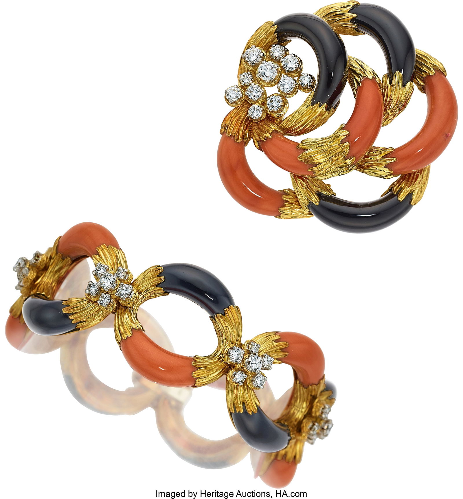 Georland Coral, Black Onyx, Gold Jewelry Suite,: Georland Coral, Black Onyx, Gold Jewelry Suite, French Stones: Carved coral and black onyx; full-cut diamonds weighing a total of approximately 5.00 carats Metal&co