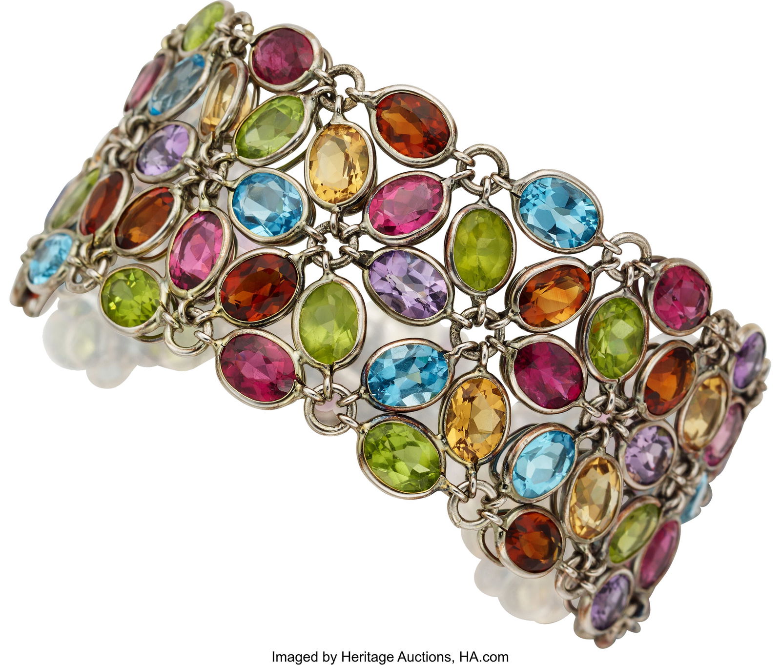 Laura Munder Multi-Stone, White Gold Bracelet S: Laura Munder Multi-Stone, White Gold Bracelet Stones: Oval-shaped amethysts, citrines, blue topaz, peridots, and tourmalines Metal: 18k white gold Marked&colo