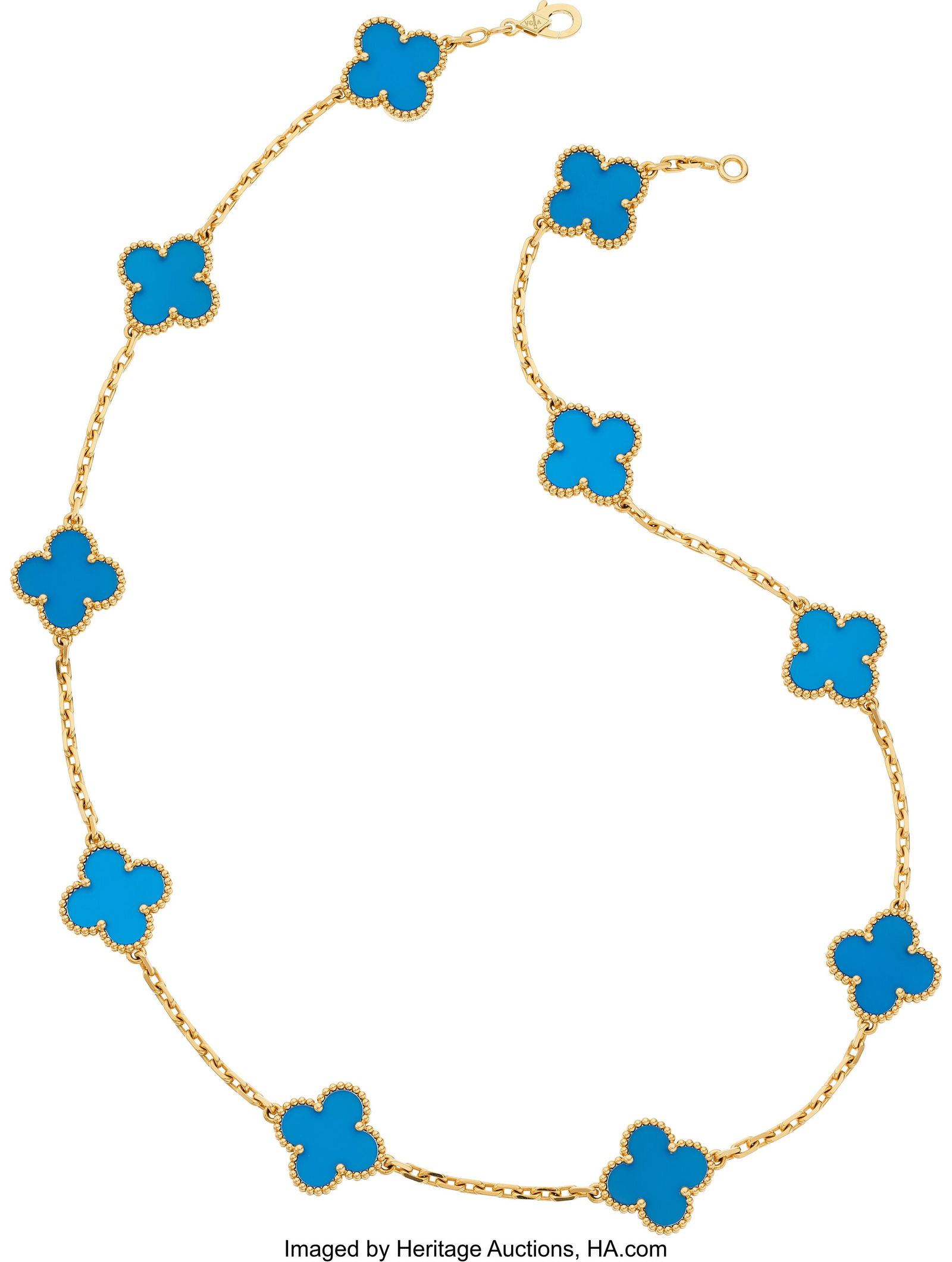 Van Cleef & Arpels Agate, Gold Necklace Stones: Van Cleef & Arpels Agate, Gold Necklace Stones: Carved blue agate Metal: 18k gold Marked: for Van Cleef & Arpels Collection: Alhambra Gross Weight: 23&perio