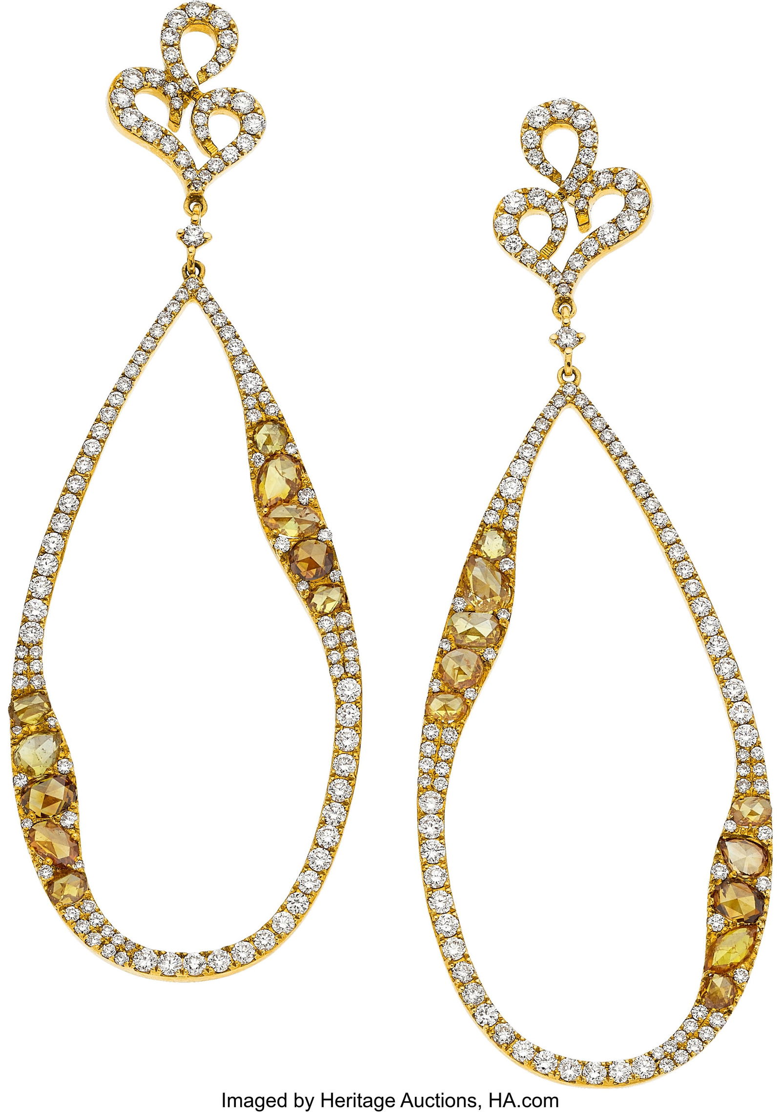 Colored Diamond, Diamond, Gold Earrings Stones: Colored Diamond, Diamond, Gold Earrings Stones: Rose-cut colored diamonds; full-cut near colorless diamonds weighing a total of 2.40 carats Metal: 18k gold Gross We