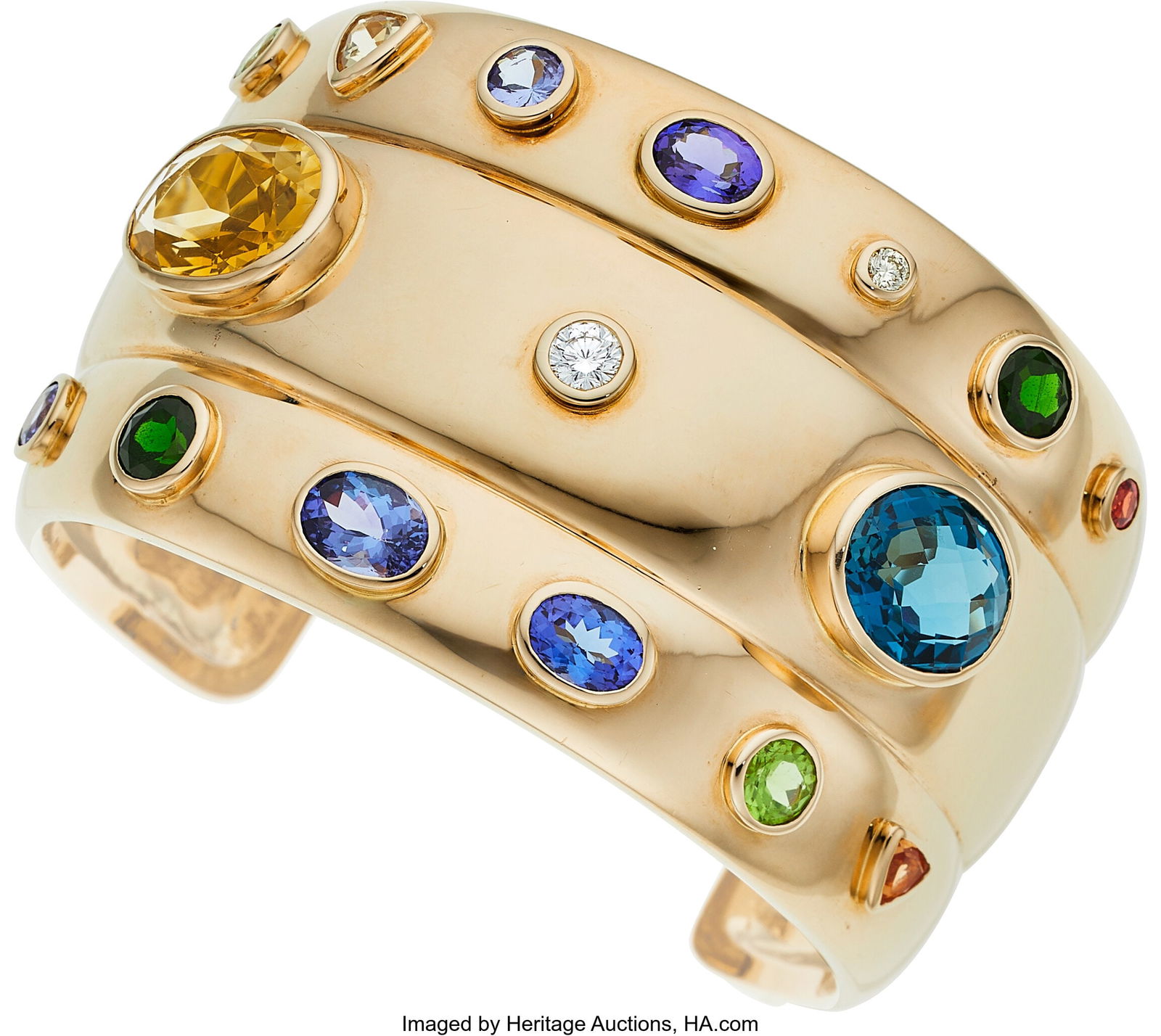 Multi-Stone, Diamond, Gold Bracelet Stones: Rou: Multi-Stone, Diamond, Gold Bracelet Stones: Round brilliant-cut diamond weighing approximately 0.55 carat; oval and round-shaped tanzanites weighing a total of approximat