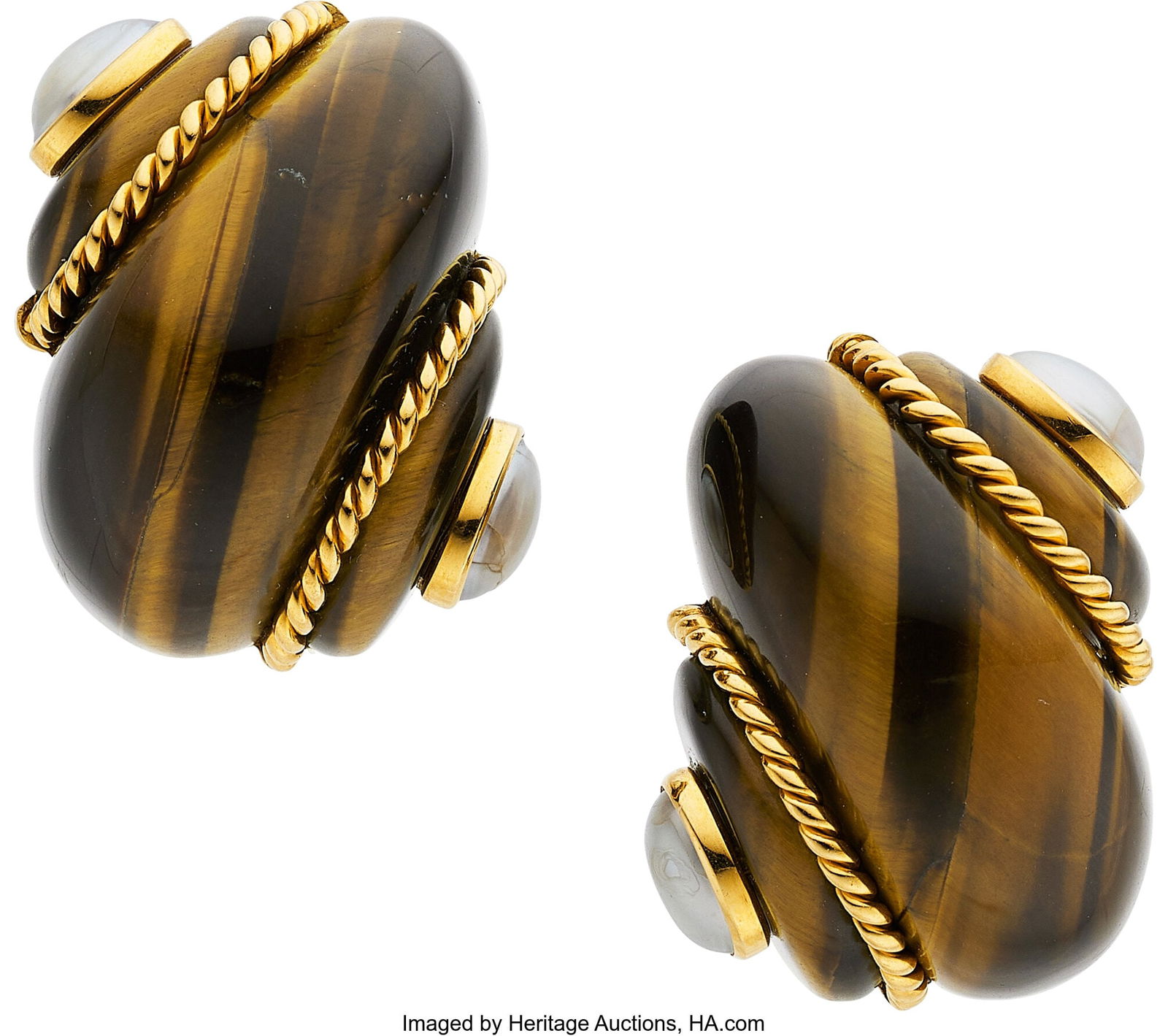 Verdura Tiger's-Eye Quartz, Cultured Pearl, Gol: Verdura Tiger's-Eye Quartz, Cultured Pearl, Gold Earrings Stones: Carved tiger's-eye quartz Pearls: Cultured half-pearls measuring 7.30 x 5.50 mm Metal: 18k