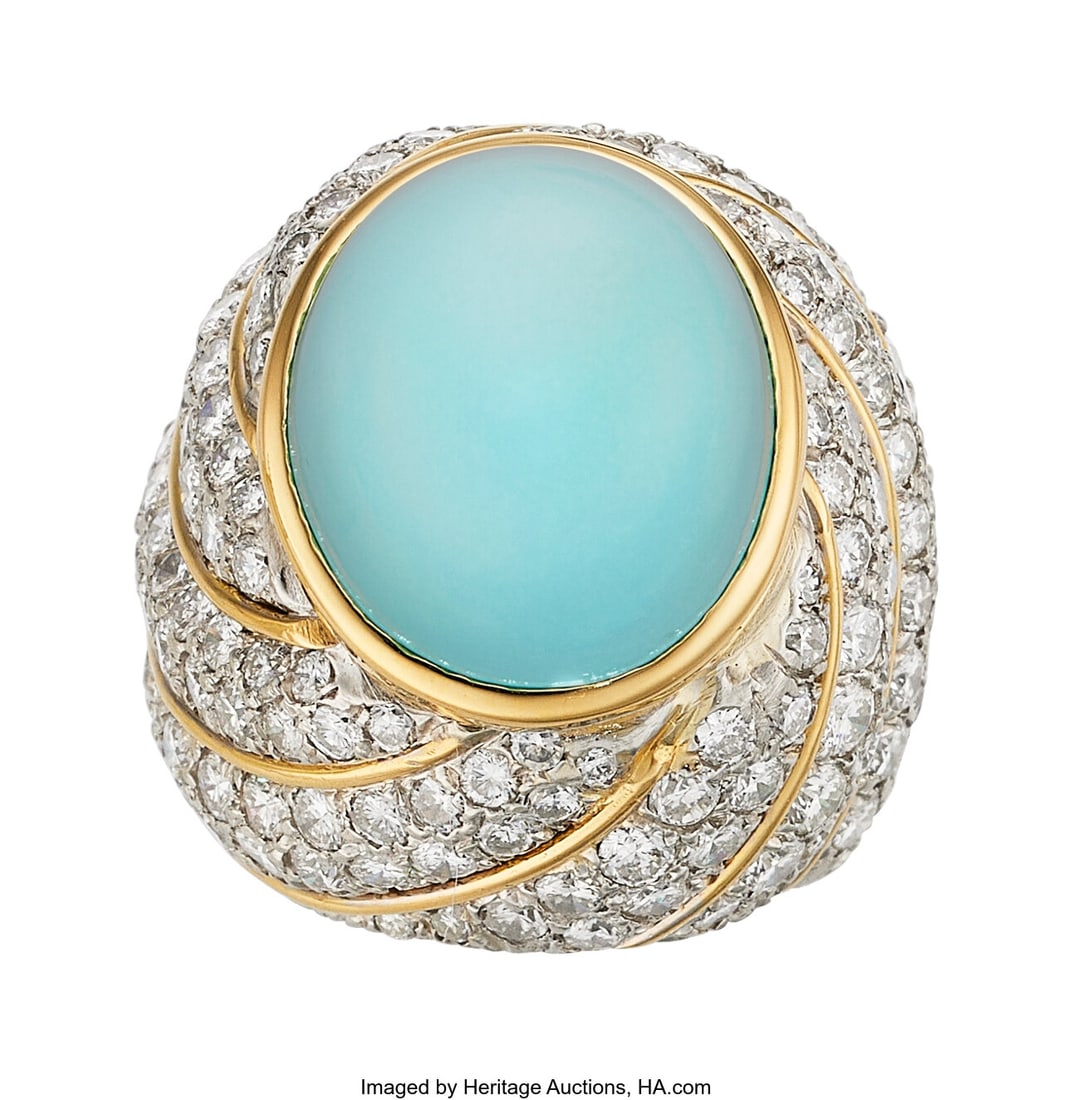 David Webb Turquoise, Diamond, Platinum, Gold Ri: David Webb Turquoise, Diamond, Platinum, Gold Ring Stones: Turquoise cabochon; full-cut diamonds weighing a total of approximately 7.00 carats Metal: Platinum
