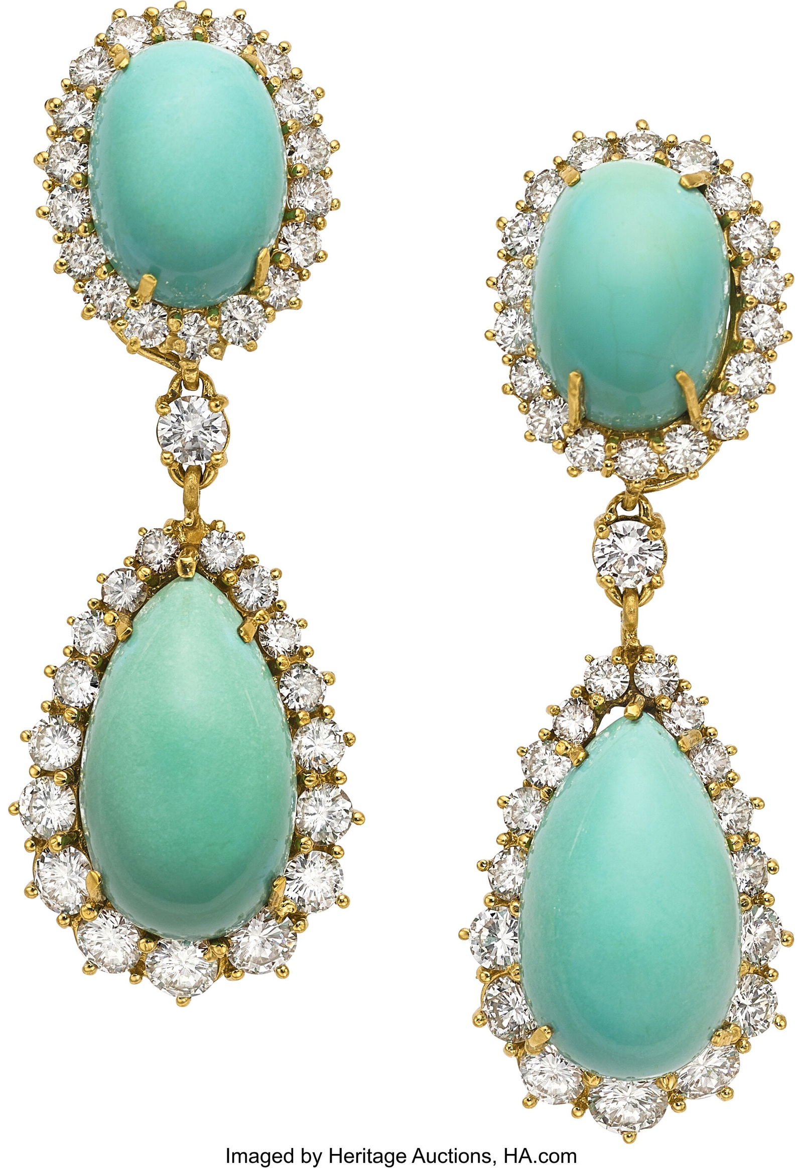 Turquoise, Diamond, Gold Convertible Earrings S: Turquoise, Diamond, Gold Convertible Earrings Stones: Turquoise cabochons; full-cut diamonds weighing a total of approximately 7.50 carats Metal: 18k and 14k gold G