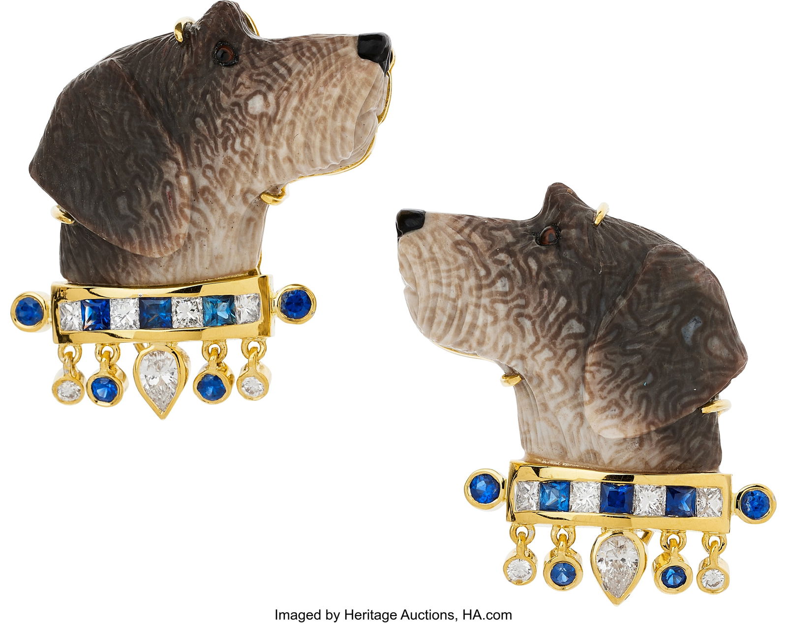 Petrified Wood, Sapphire, Diamond, Gold Earring: Petrified Wood, Sapphire, Diamond, Gold Earrings Stones: Carved petrified wood; pear and square-shaped diamonds weighing a total of 0.63 carat; square and roun