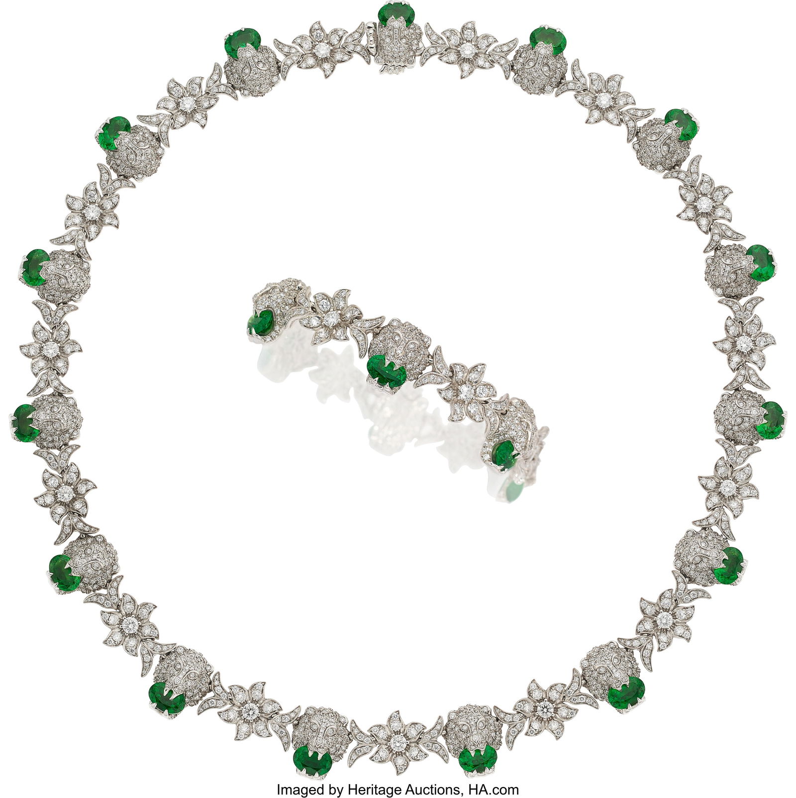 Gucci Tsavorite Garnet, Diamond, White Gold Con: Gucci Tsavorite Garnet, Diamond, White Gold Convertible Jewelry Suite Stones: Oval-shaped tsavorite garnets weighing a total of approximately 13.65 carats; full-cut diamo