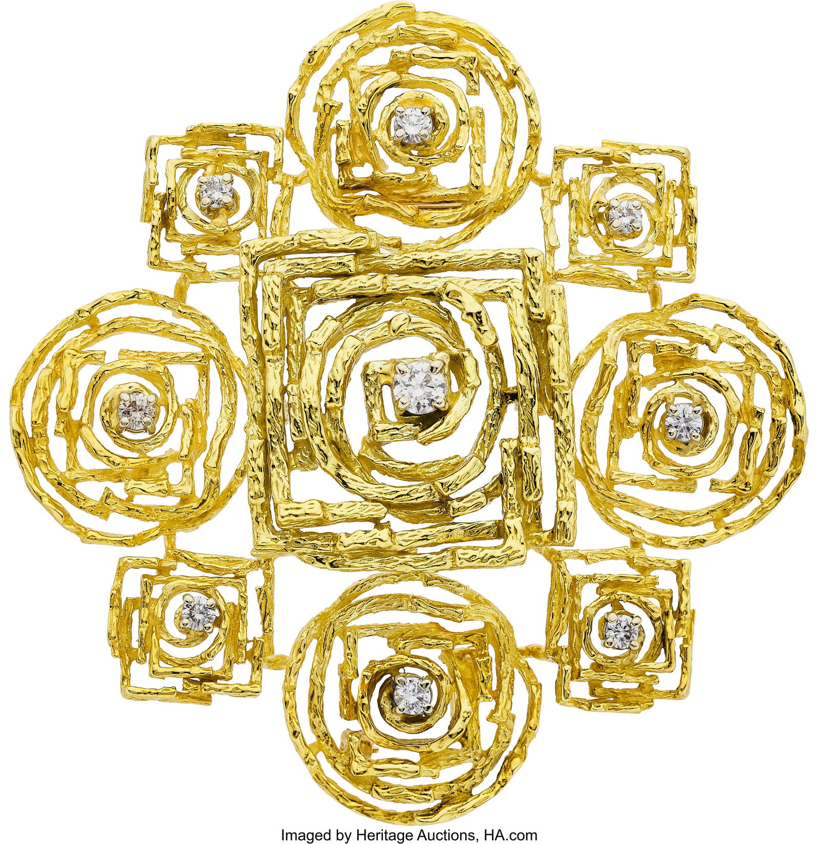 Diamond, Gold Brooch Stones: Transitional and f: Diamond, Gold Brooch Stones: Transitional and full-cut diamonds weighing a total of approximately 1.00 carat Metal: 18k gold Gross Weight: 50.40 grams Dimensions&