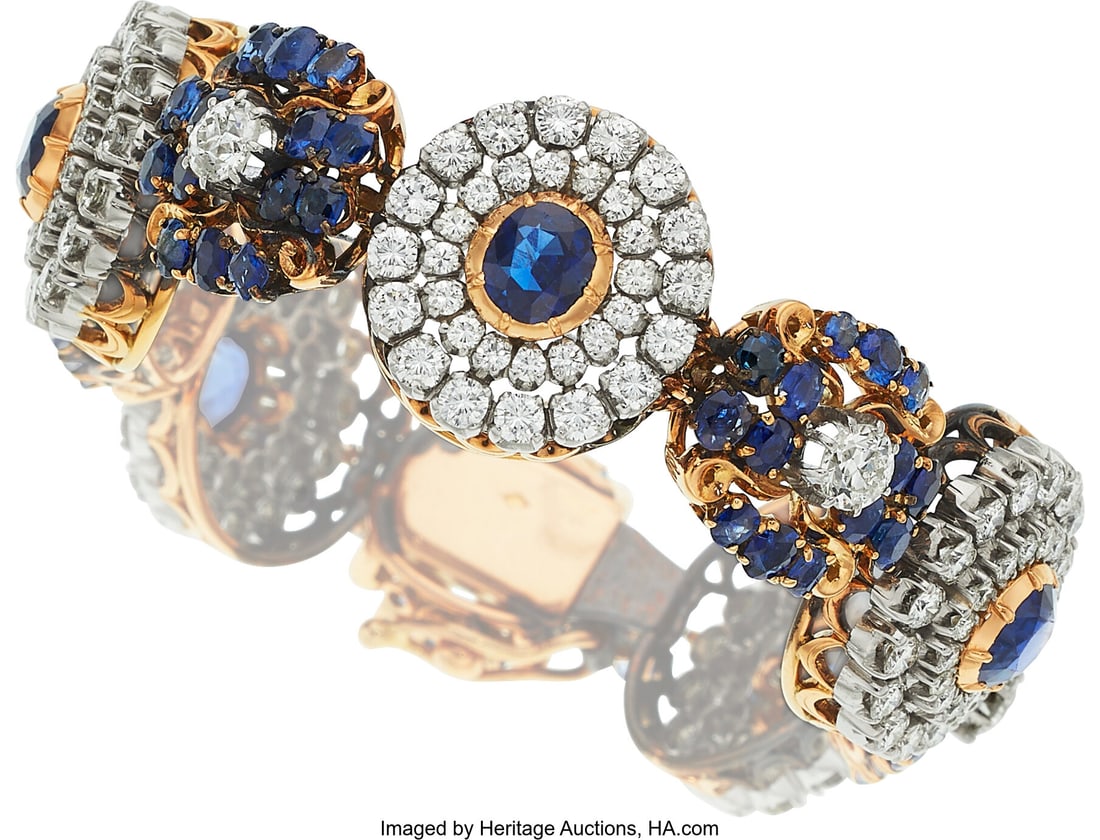 Sapphire, Diamond, Platinum, Gold Bracelet, Fre: Sapphire, Diamond, Platinum, Gold Bracelet, French Stones: Oval-shaped sapphires weighing a total of approximately 5.50 carats; round and oval-shaped sapphire